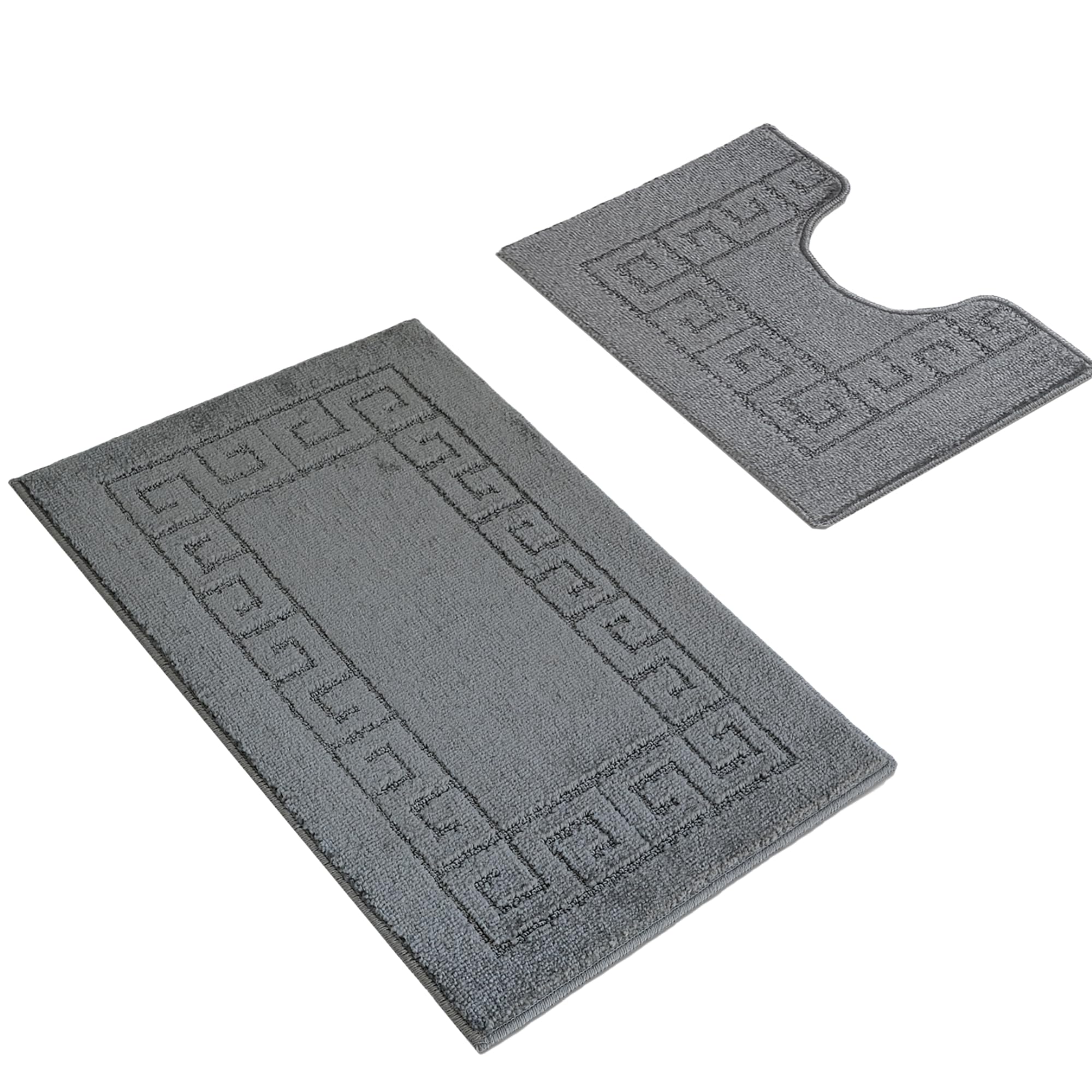 Greek Style Bath Mat Set 2-Piece | Non-Slip Bathroom Mats, Shower Mat & Pedestal Mat | Soft Washable Quick-Dry Bath Mats for Bathroom Floor | Anti-Mould Bath Rug Set (Charcoal)