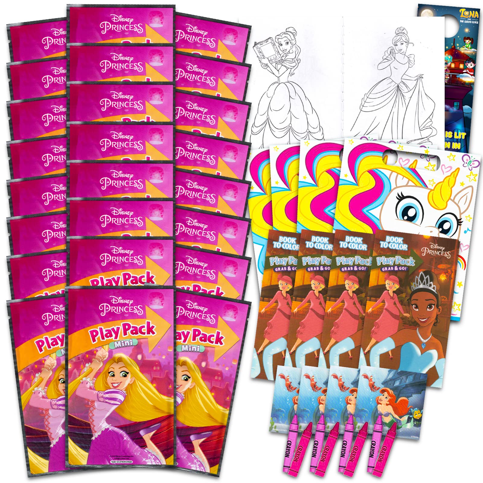 TuyehoBeach Kids Disney Princess Party Favors Set for Girls - Bundle with 24 Mini Princess Play Packs with Mini Coloring Pages, Crayons, Stickers and More (Disney Princess Birthday Party Supplies)