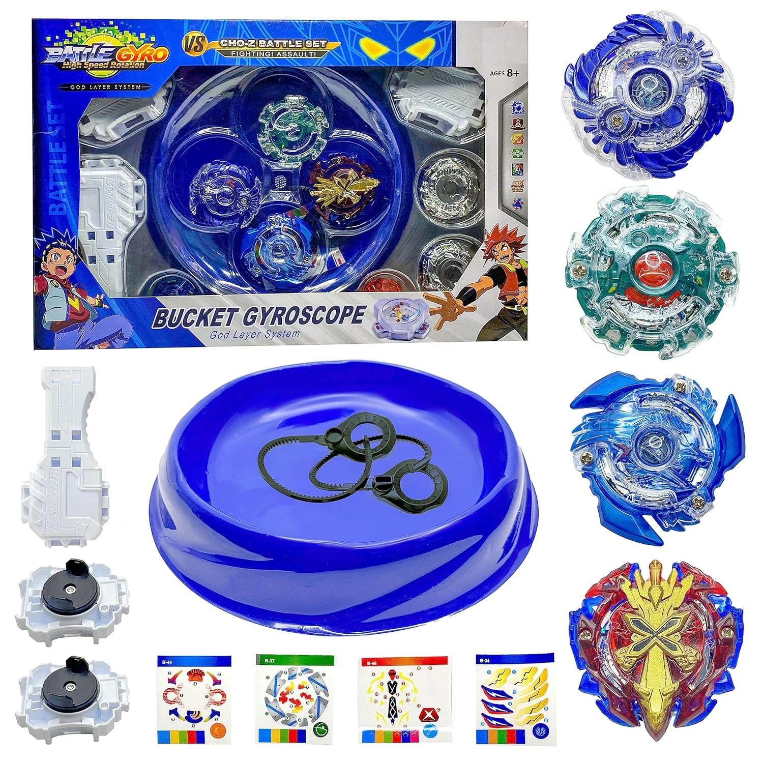 Bestie toys Battle God Layer Battle Stadium Attack Defense Balance Stamina' The Complete Pack Metal Ringed Spinner Burst with Launcher(Mix 2 top, 2 Extra Front, 2 Launcher and 1 Grip)
