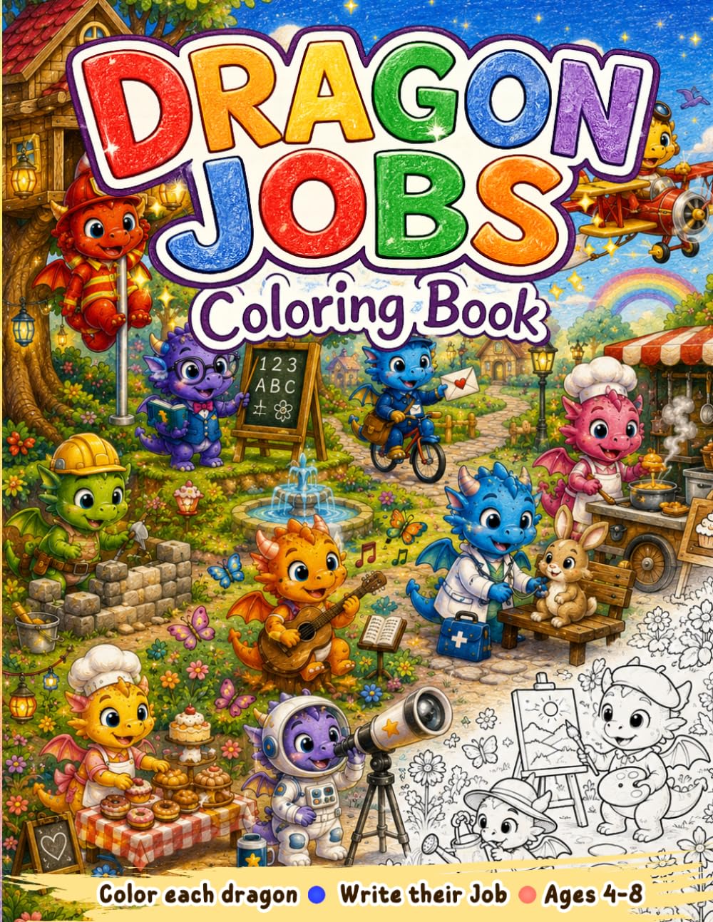 Dragon Jobs Coloring Book for Kids Ages 4-8: 50 Funny Cute Dragons with Careers to Color and Write - Doctor, Chef, Astronaut & More!