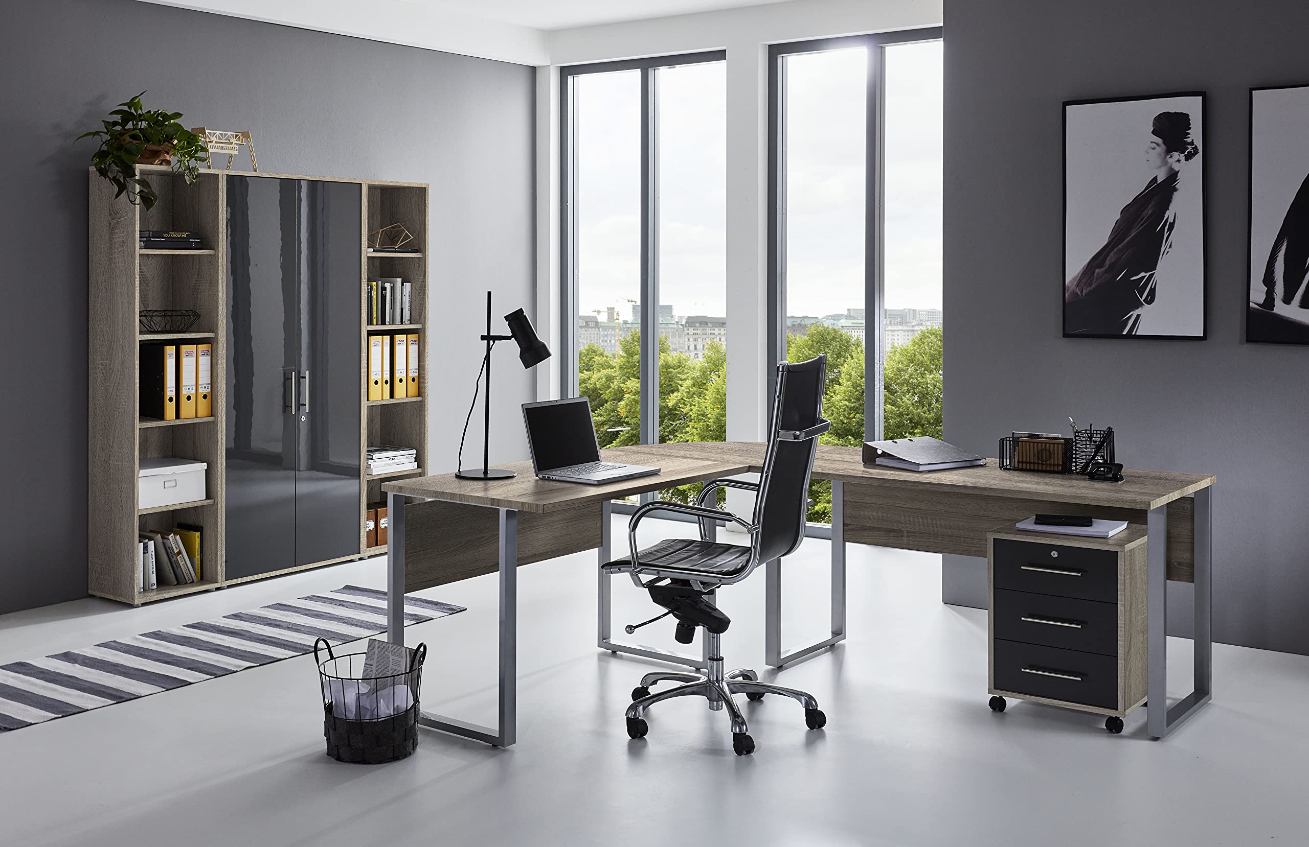 Set completo di mobili da ufficio Office Edition in rovere Sonoma/antracite laccato lucido (set 3)