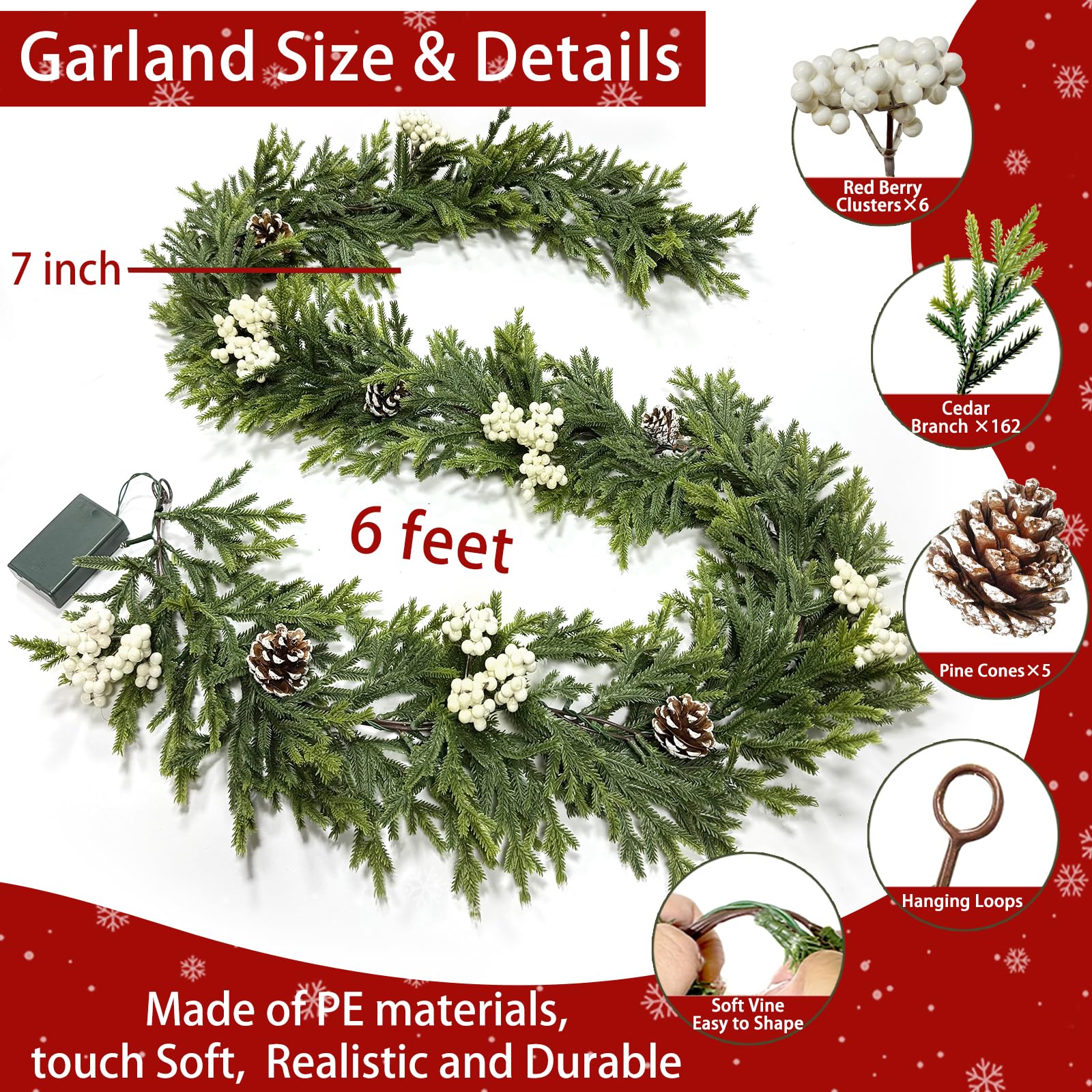Guirlande de cèdre de Noël de 1,8 m avec baies blanches, pommes de pin et 20 lumières LED blanc chaud, vigne douce avec minuteur, décoration de Noël à piles pour cheminée, table, porte, escaliers