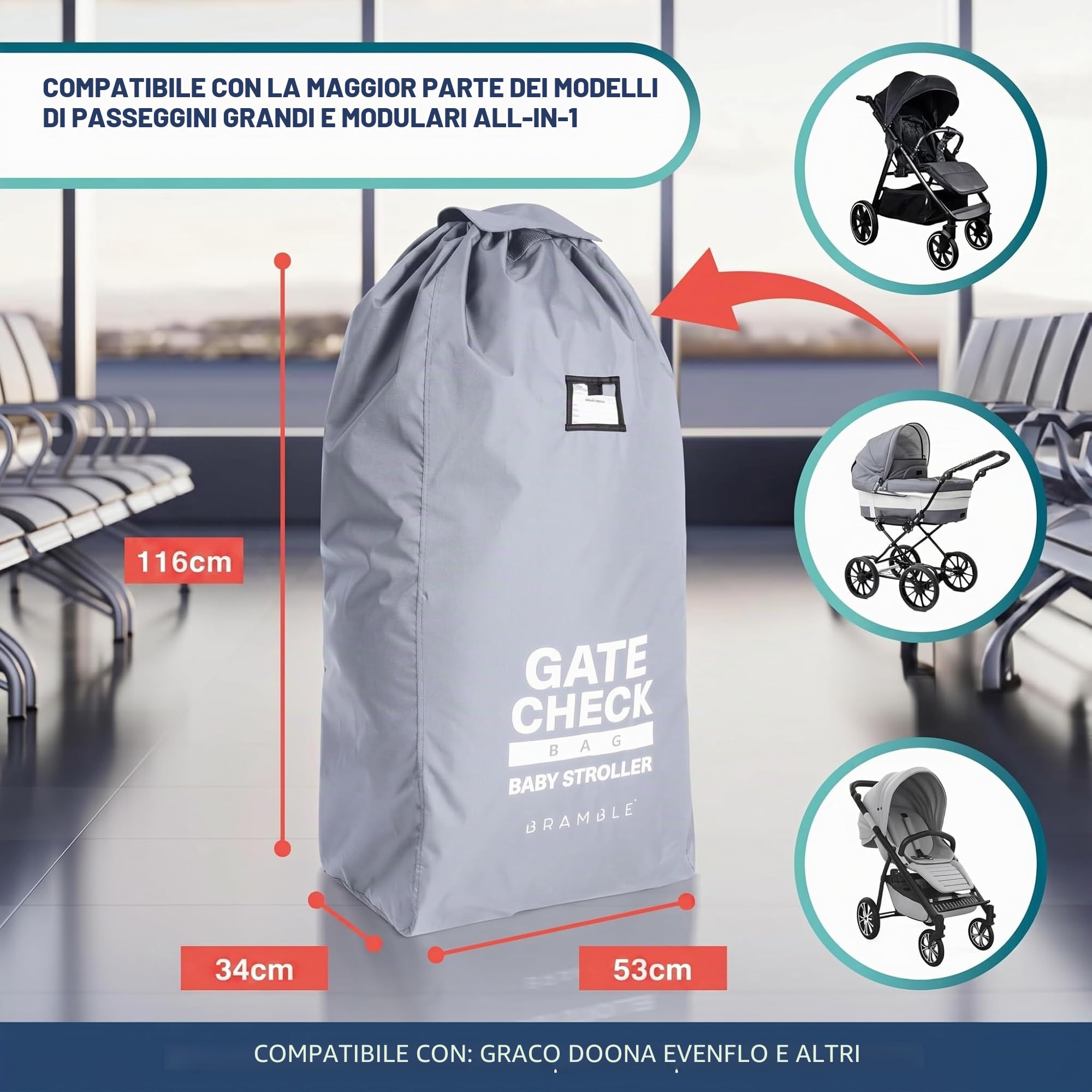 Bramble - Grande borsa copri passeggino per aereo - Borsa per passeggino e carrozzina per viaggi in aereo - Borsa protettiva resistente all'acqua per il controllo del passeggino al gate (grigio)