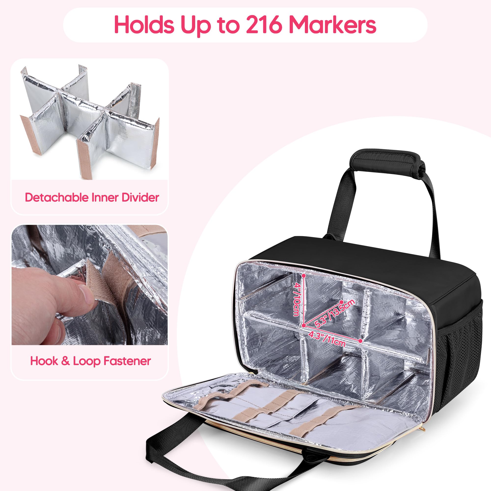 Étui de Rangement pour Marqueurs Pouvant Contenir Jusqu'à 216 Marqueurs, Sac de Rangement pour Marqueurs de Voyage, Sac de Rangement Portable avec Bandoulière, Noir