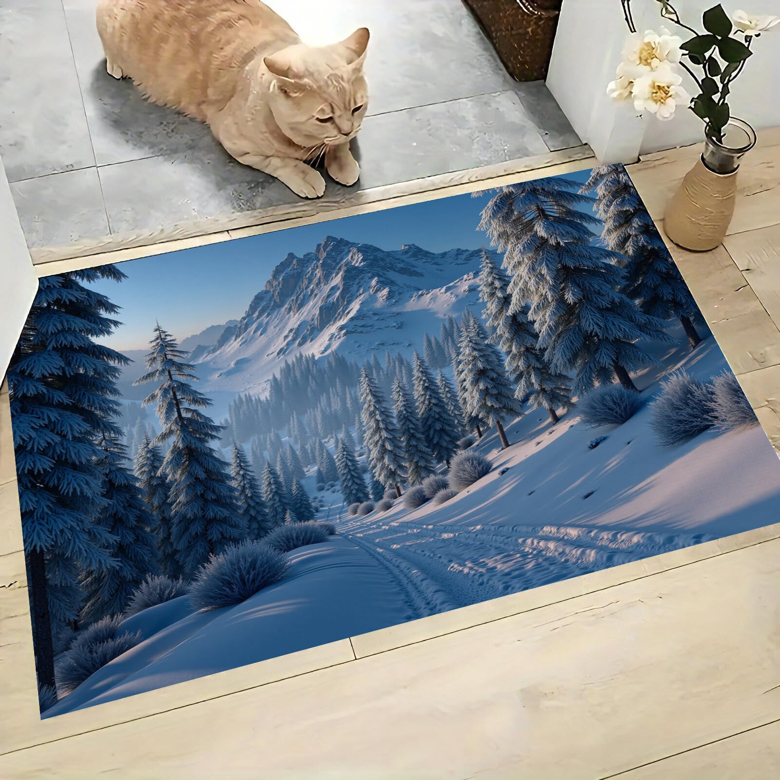 Tapete Azul Blanco Pinos En La Nieve Puerta Felpudo De Entrada Exterior Atrapar Suciedad Alfombra Paisaje Invernal para Interior Jardines Cocina Pasillo Trasera Delantera, 80X120Cm