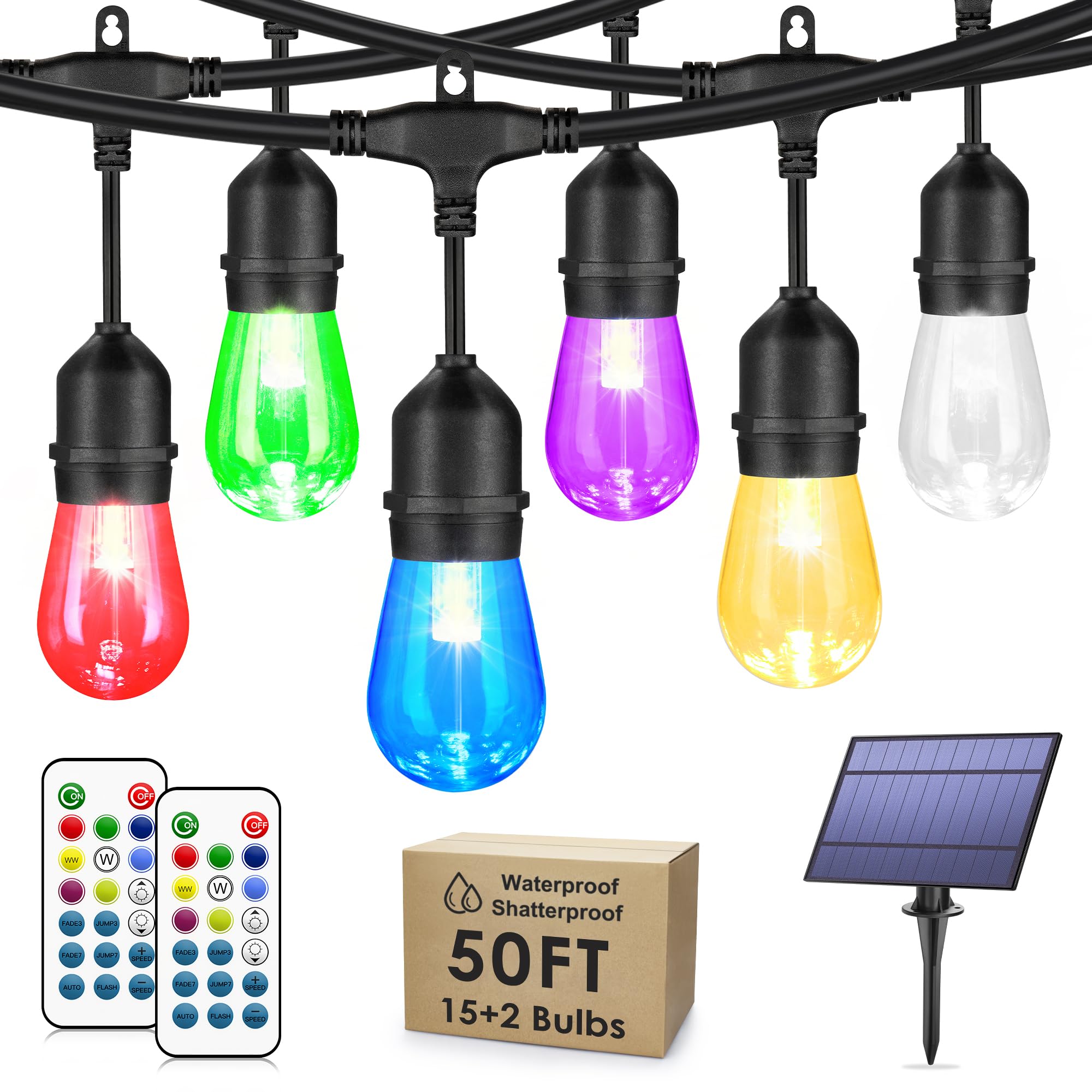 Larkvue Guirnalda de luces solares RGB para exteriores de 50 pies con control remoto, luces de patio impermeables regulables con 15 bombillas LED inastillables Edison para patio trasero, color negro
