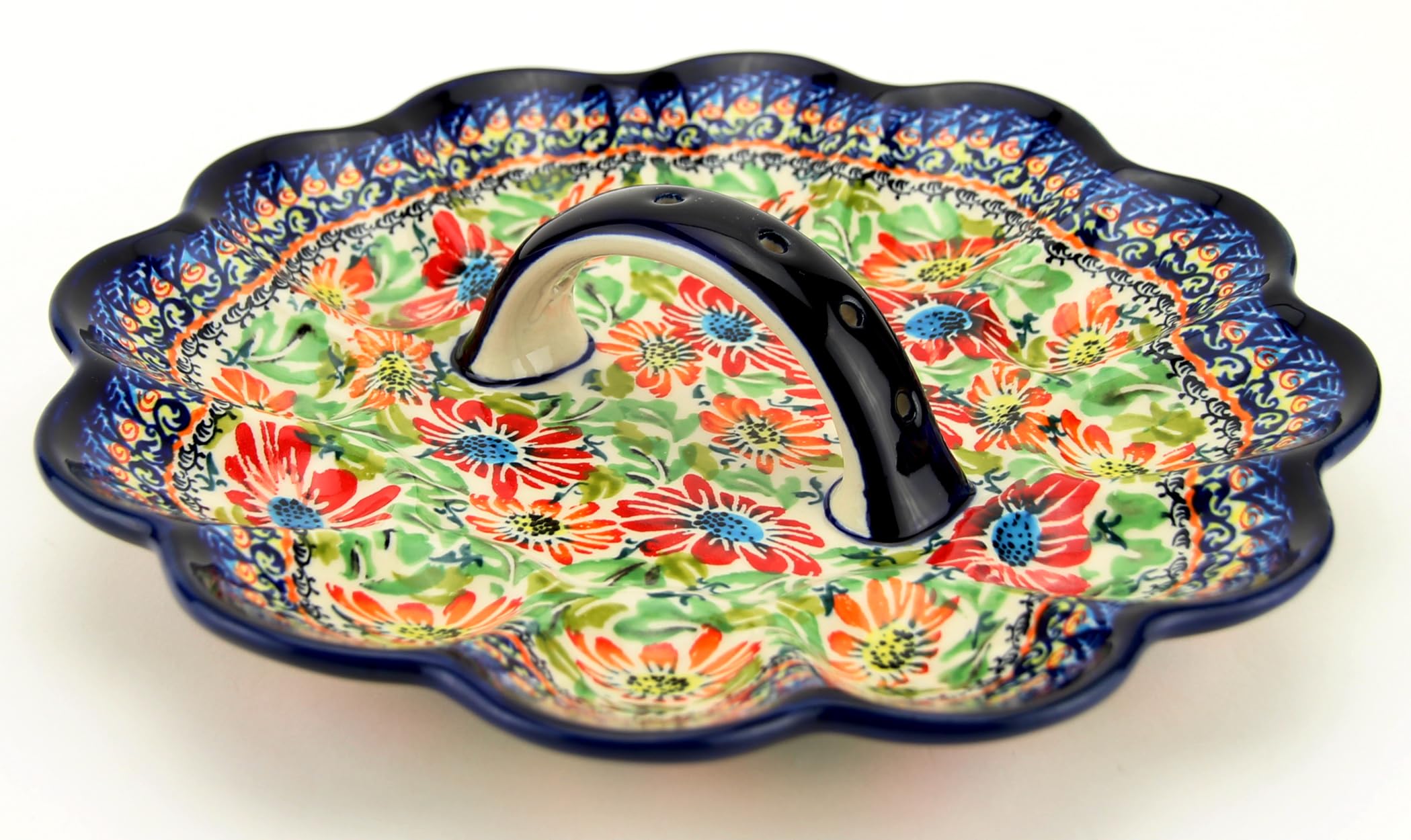 Polish Pottery Deviled Egg Platter, Round Deviled Egg Tray, Deviled Egg Carrier, Zaklady Boleslawiec Poland, Capacity: 12 Eggs, Diameter: 10.5 inches Floral Garden Unikat Design