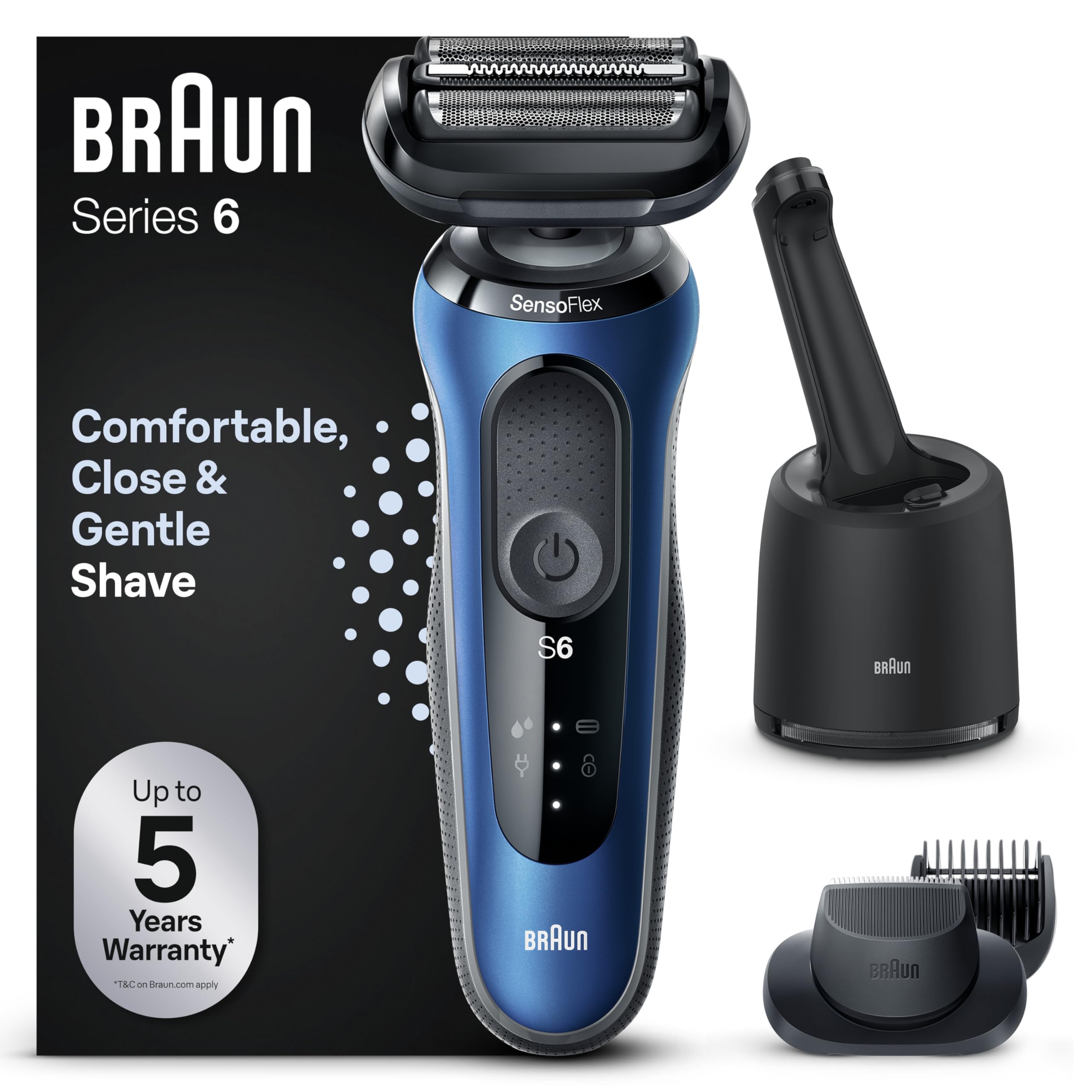 Braun Series 6 Afeitadora Eléctrica Hombre, Máquina de Afeitar Barba con SensoFlex, Uso En Seco Y En Mojado, Con Recortadora De Barba, Centro De Limpieza SmartCare, 61-B7500cc, Azul