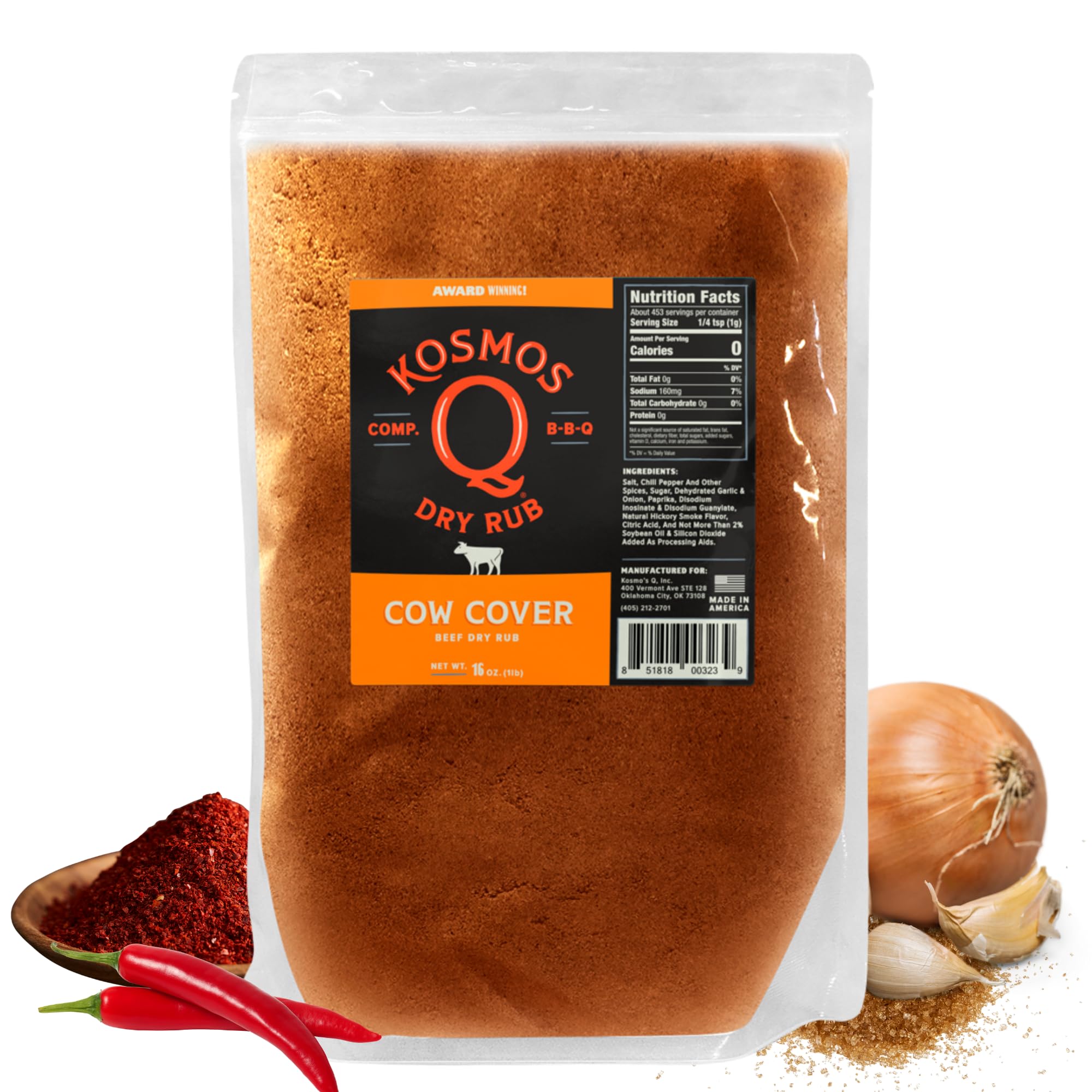 - Kosmos Q Cow Cover BBQ Dry Rub, Smoky & Savory Beef Seasoning with Chili Pepper, Garlic, Onion & Paprika for Steak, Burgers, Brisket, Wild Game, Chicken, BBQ Rub for Grilling & Smoking, 16 Oz Bag