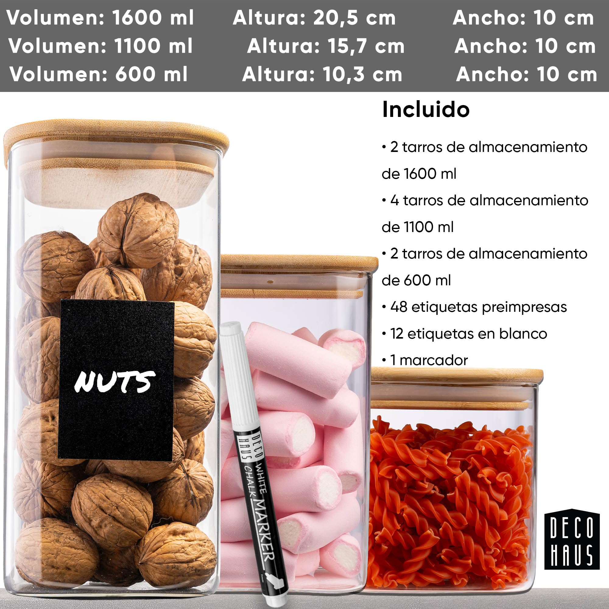 Deco haus® Tarros de Cristal con Tapa hermética, Juego de 8 [+ Etiquetas], Botes Cocina Almacenaje, Tarros Cristal con Tapa de Madera, Frascos de vidrio Apto para Harina, Café, Pasta