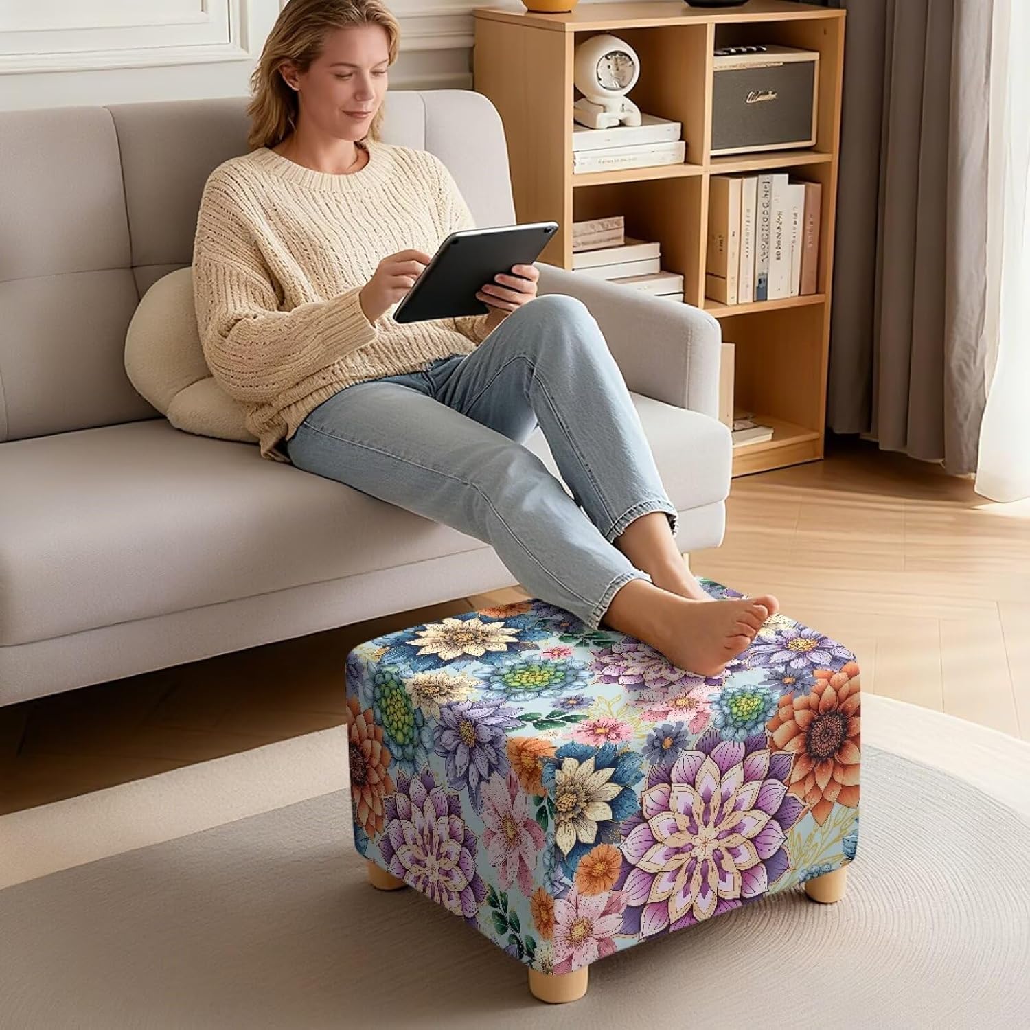 Boho Floral Stretch Ottoman Cover Square 29 x 29 Washable Footrest Stool Slipcover with Elastic Band for Square Storage Ottoman Coffee Table Large Non Slip Furniture Protector for Pets Kids