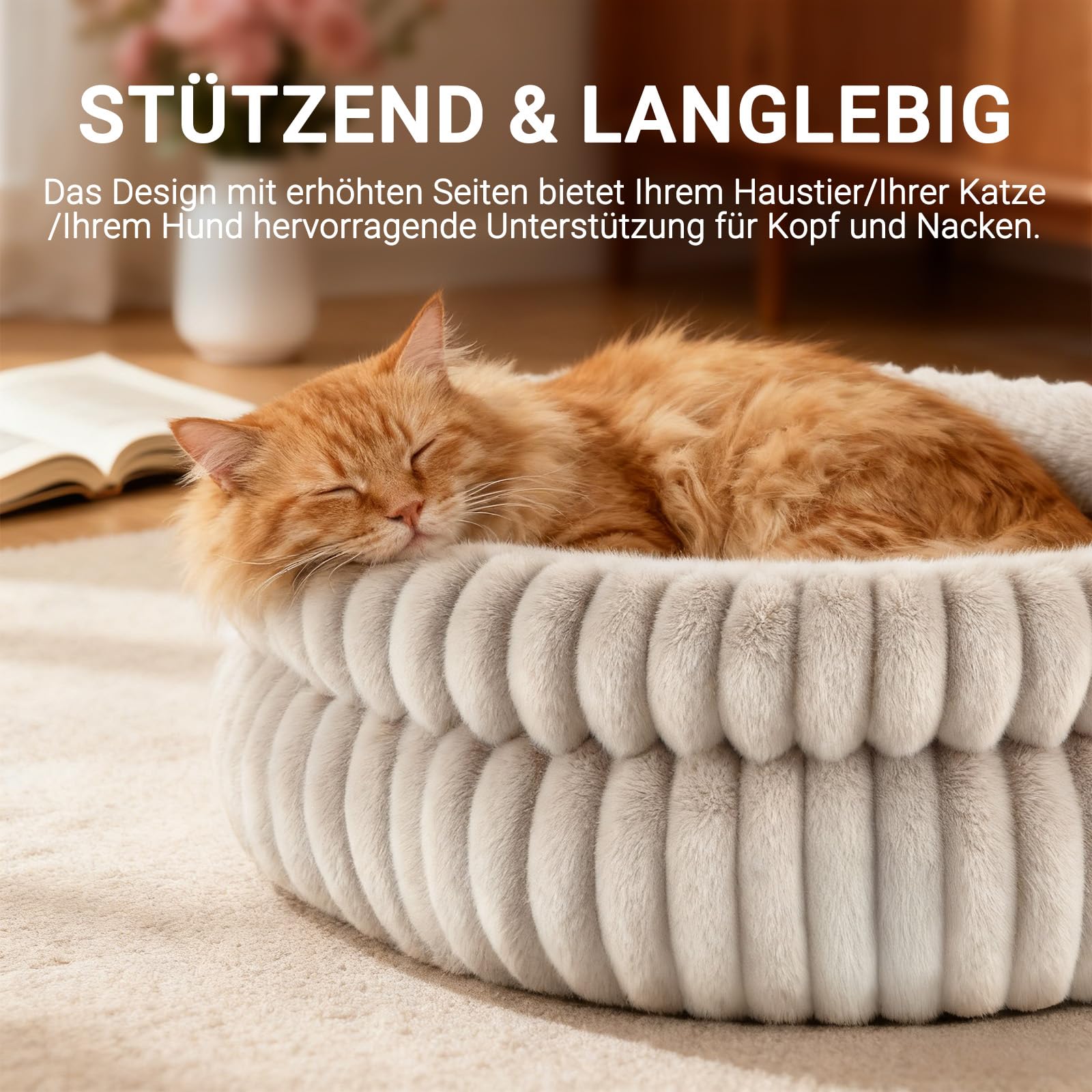 EDMIENS Katzenbett, Waschbar Indoor Katzenbett Flauschig, Rund Katzenkissen, zweiseitig Innenkissen Katzen Bettchen, Katzenkörbchen mit Rutschfester Basis fur Katzen, kleine Hunde (51x51x20cm, Braun)