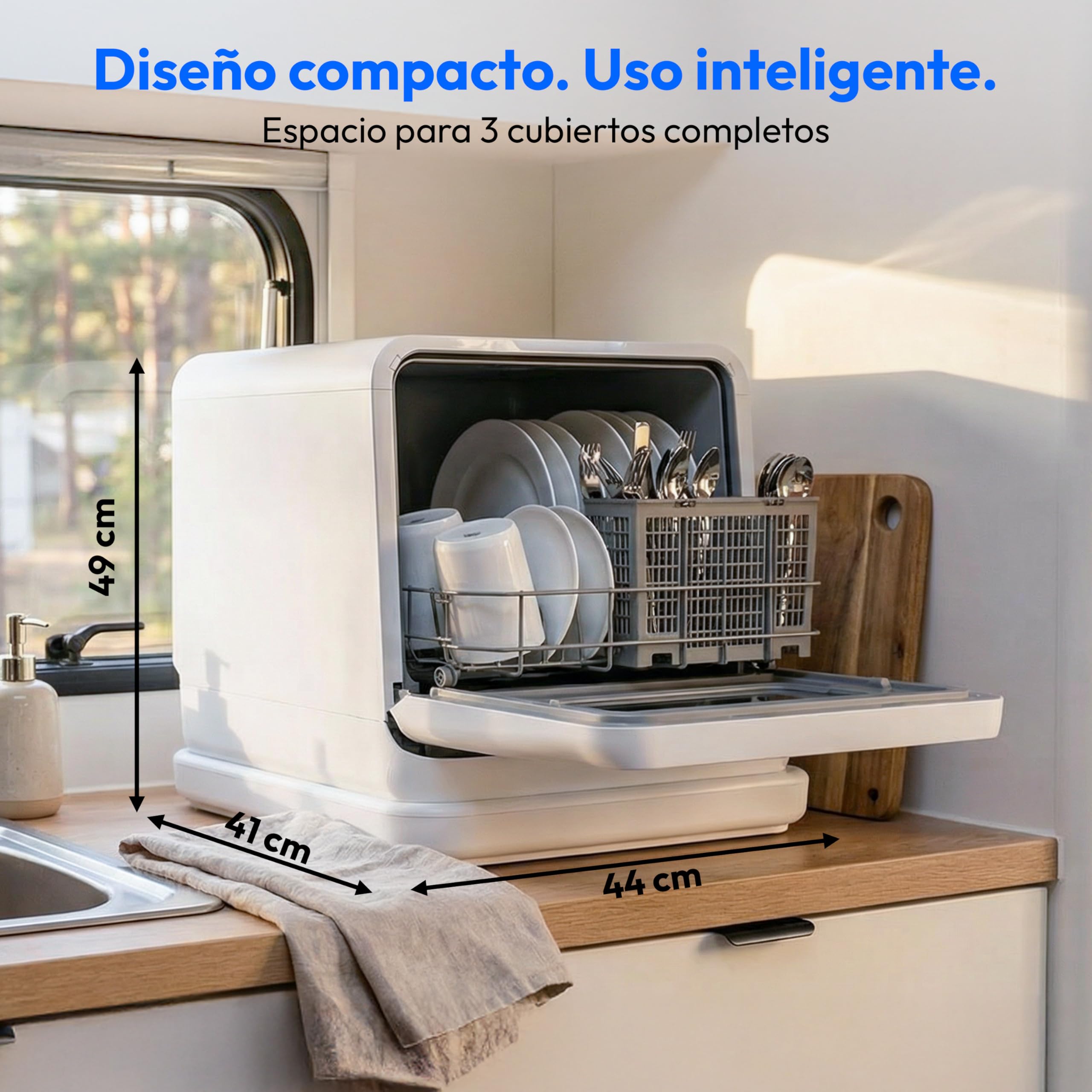 MEDION Mini Lavavajillas DWT30, 3 Servicios, Lavavajillas de Sobremesa, funciona con o sin conexión de agua, 6 Programas, Luz UV, Secado por Aire, Pantalla Táctil, libre instalación, MD370022