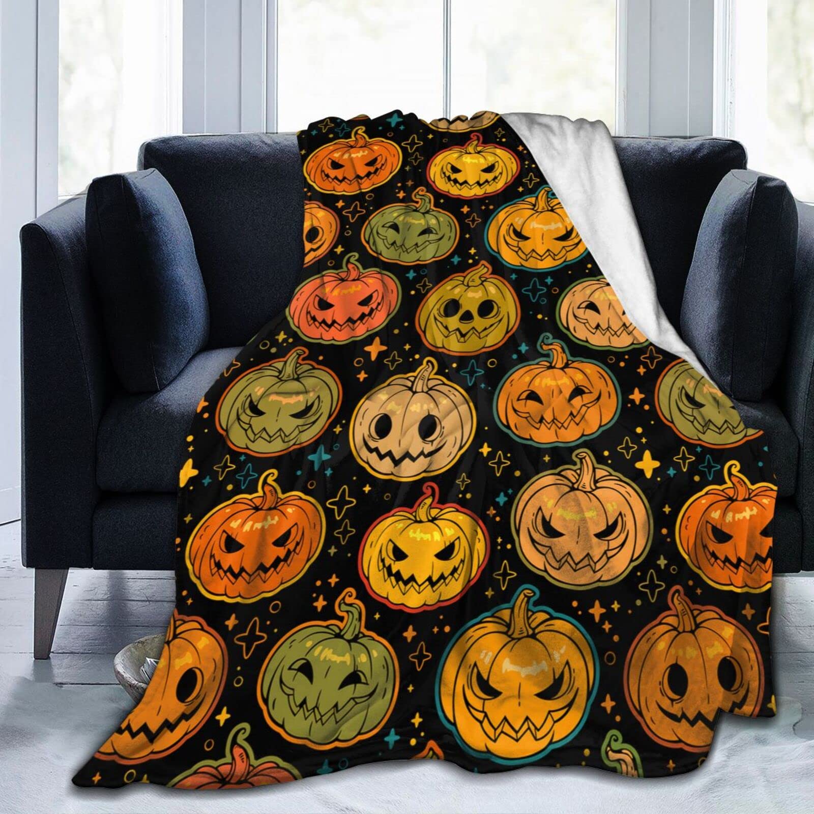 Lsjuee Bright Orange Halloween Pumpkins Throw Blanket Warm Blankets Lightweight Soft Cozy Flannel Funny Halloween Blanket for Sofa Couch Bed 80"X60"