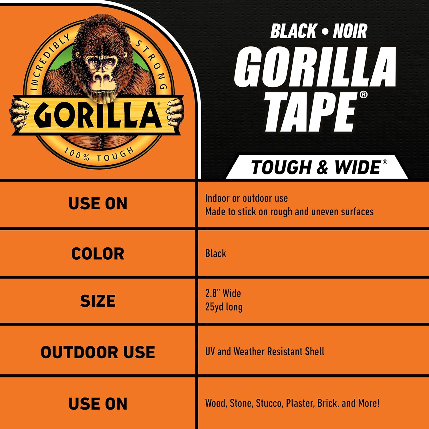 Gorilla Tape Tough & Wide, Black Tape, 2.88" x 25 yd (Pack of 4) - Heavy Duty and Weather Resistant for Indoor or Outdoor