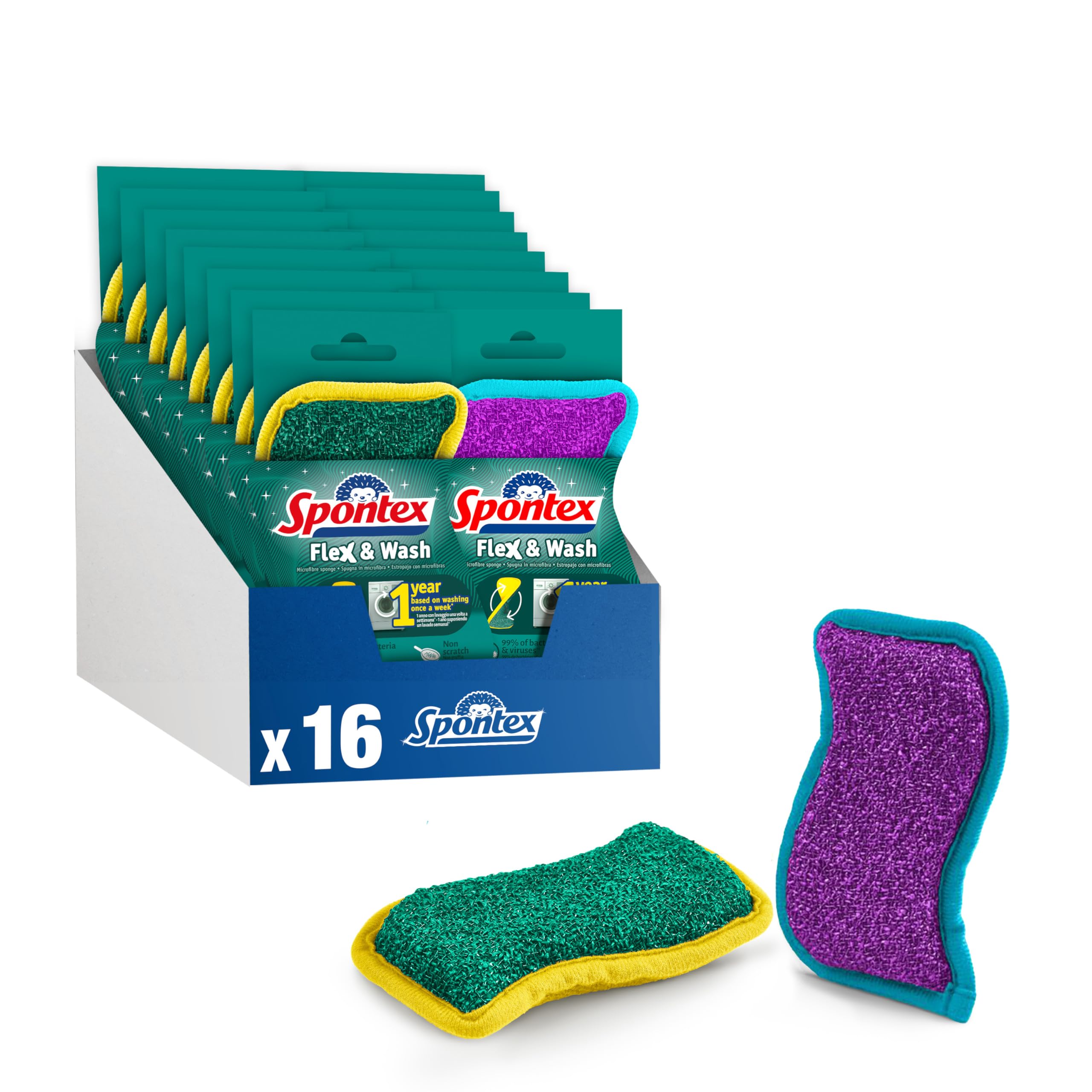 Gąbki wielokrotnego użytku Spontex Flex & Wash | Dwustronna gąbka z mikrofibry do czyszczenia i mycia | Opakowanie 8 x 2 (łącznie 16 szt.)
