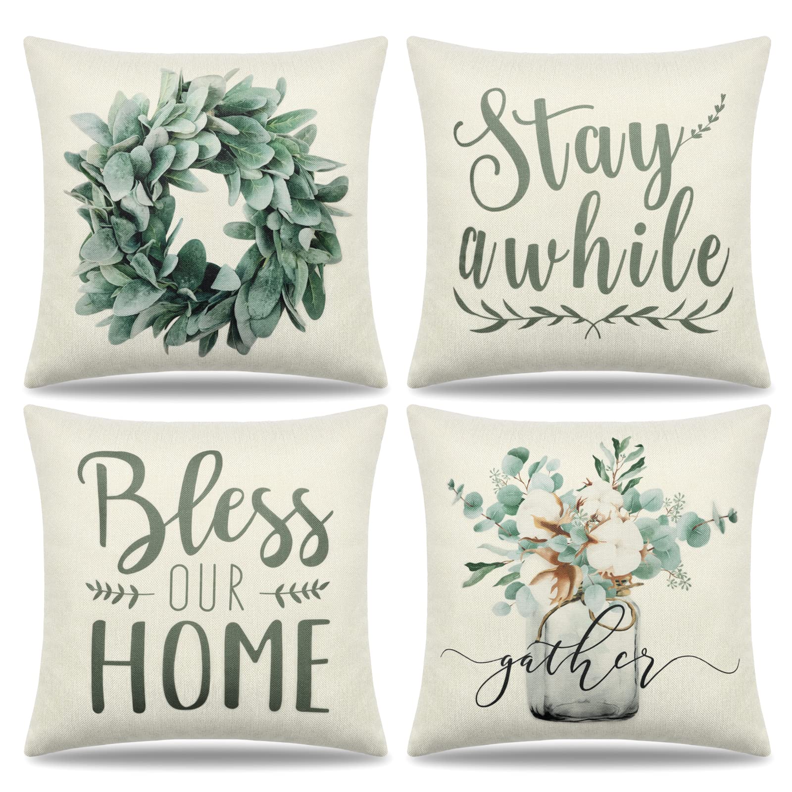 Dremisland Juego de 4 Fundas de Cojín Decorativas con Jarrón de Corona de Eucalipto Lino Verdes Plantas Fundas de Almohada para Exteriores Sofá Granja Decoración del Hogar, 45x45cm