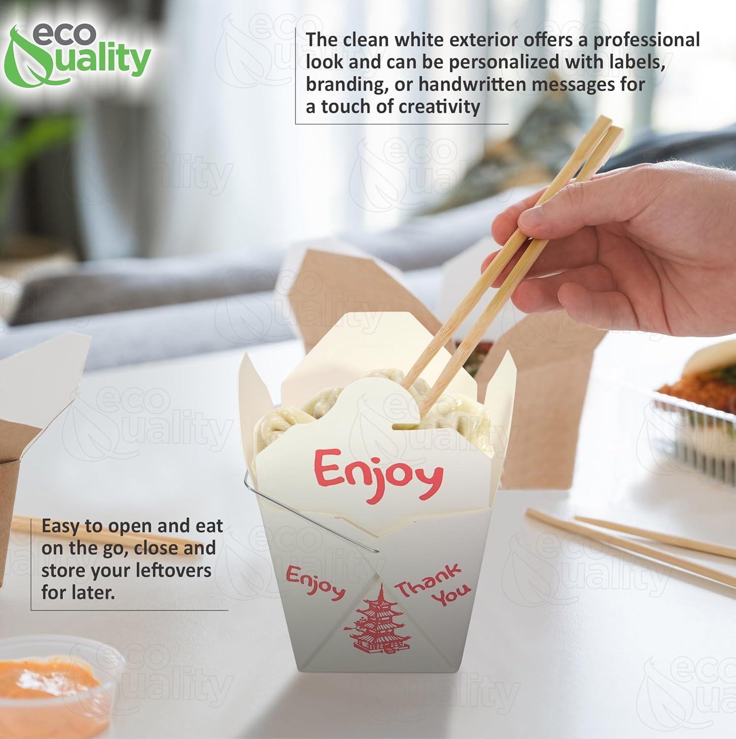 EcoQuality 64oz White Asian Style Take Out Food Boxes with Wire Handle – Classic Asian-Style Paper Containers for Chinese Takeout, Leftovers, Meal Prep, and Party Favors (25)