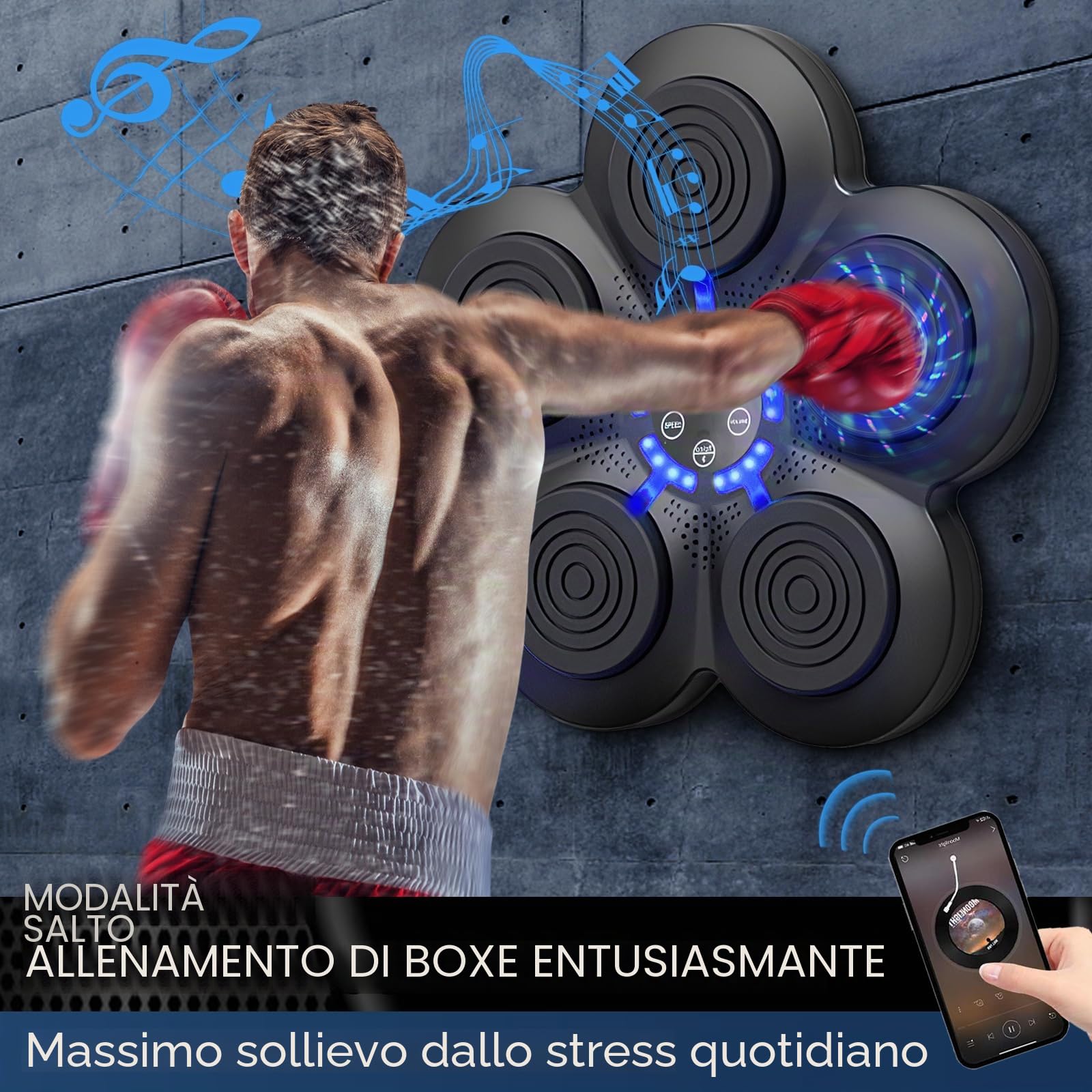 Macchina da Boxe Musicale, Dispositivo di Boxe Elettronica da Parete Domestico, Smart Bluetooth Pugile Elettronico, Regalo di Boxe per Bambini e Adulti (Nero+Luce Blu+Guanti Adulti)