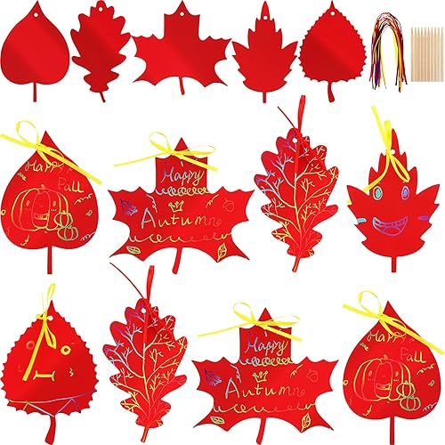50 piezas de papel de arte colorido para rascar hojas de otoño con cintas y lápiz capacitivo de madera para fiesta de cosecha de Acción de Gracias