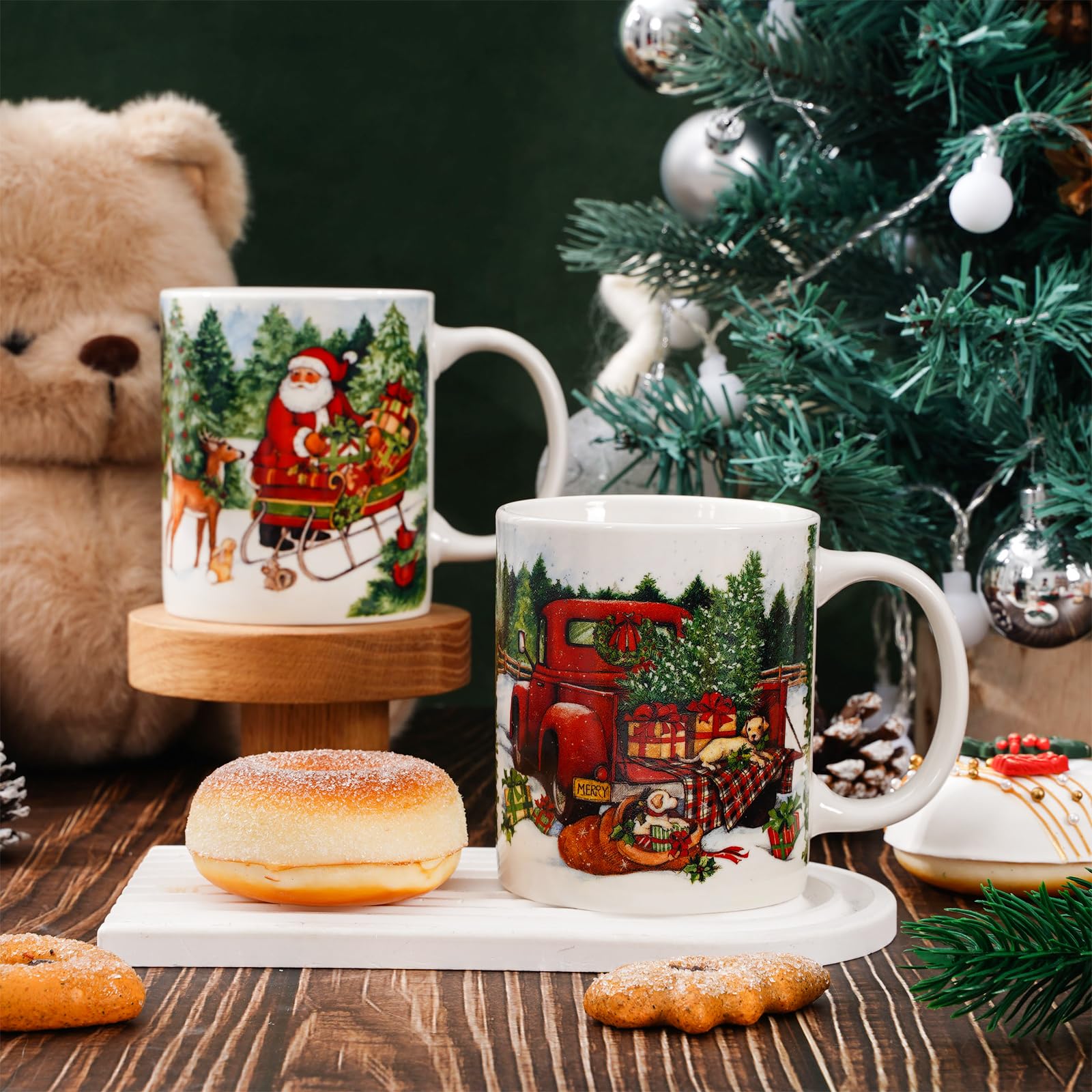 Whaline Lot de 4 tasses de Noël vintage de 355 ml, motif Père Noël, bonhomme de neige, tasse à café en céramique pour fête de Noël pour la maison, l'école, le bureau, cadeau de pendaison de