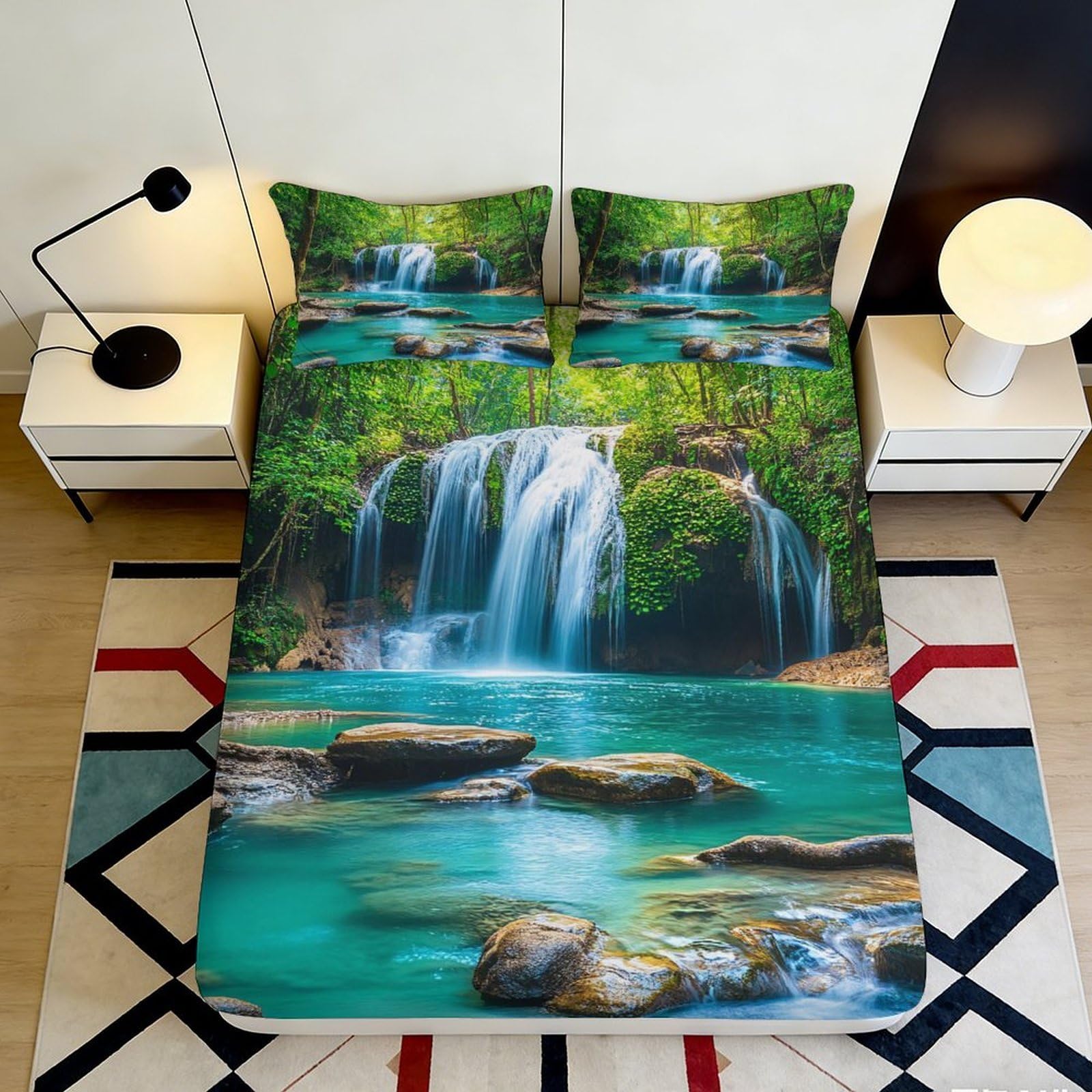 3D Printed Waterfall Forest Fitted Sheet Microfiber Soft Bedroom Scenic River Mattress Cover Washable Decor 120x200cm 160x200x25cm