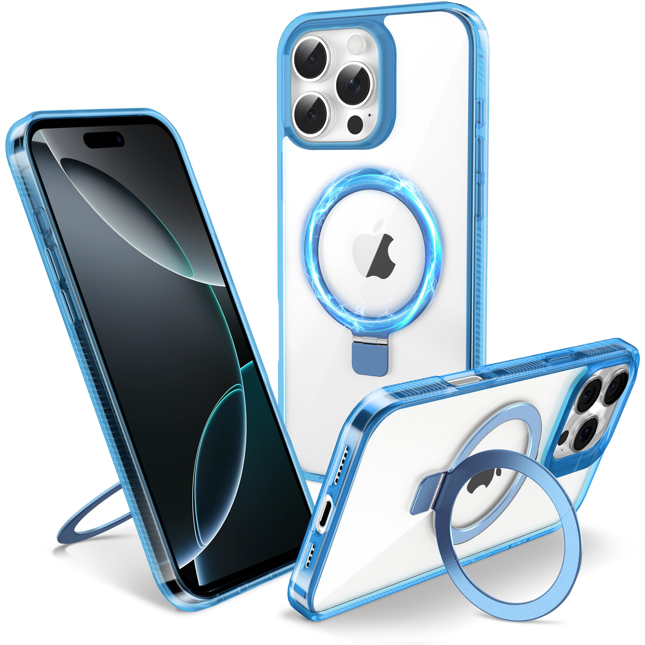 Flyzoo Cover Magnetica per iPhone 16 Pro Max con Supporto Stand ad Anello, [Protezione Antilngiallimento & Antiurto] Custodia Trasparente Posteriore Hard PC Case con Silicone Bordo, 6.9'', Clear Blu