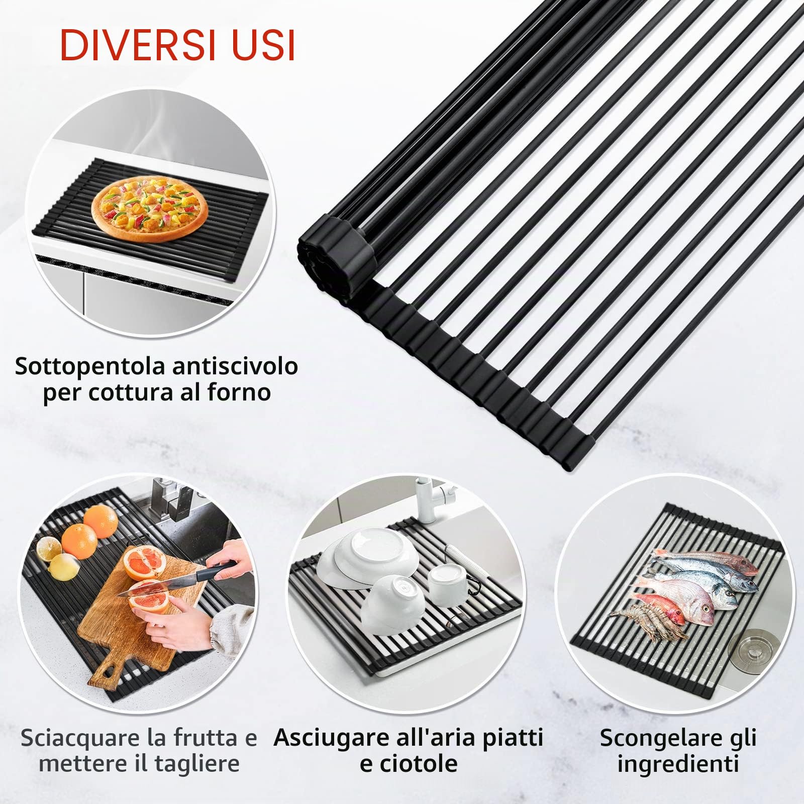 MERRYBOX Scolapiatti arrotolabile in silicone, 52 x 33 cm, multiuso, pieghevole, resistente al calore e antiruggine, per lavello da cucina, grande, nero