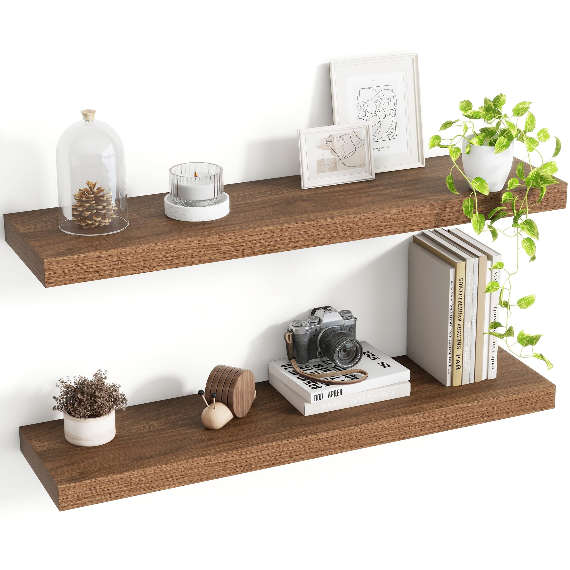 Acovy 30 Inch Floating Shelves, 8 Inch Deep Floating Shelves for Wall, Hanging Shelf with Invisible Brackets, Deep Shelves for Bathroom, Bedroom, Living Room, Walnut, Set of 2 — image 1