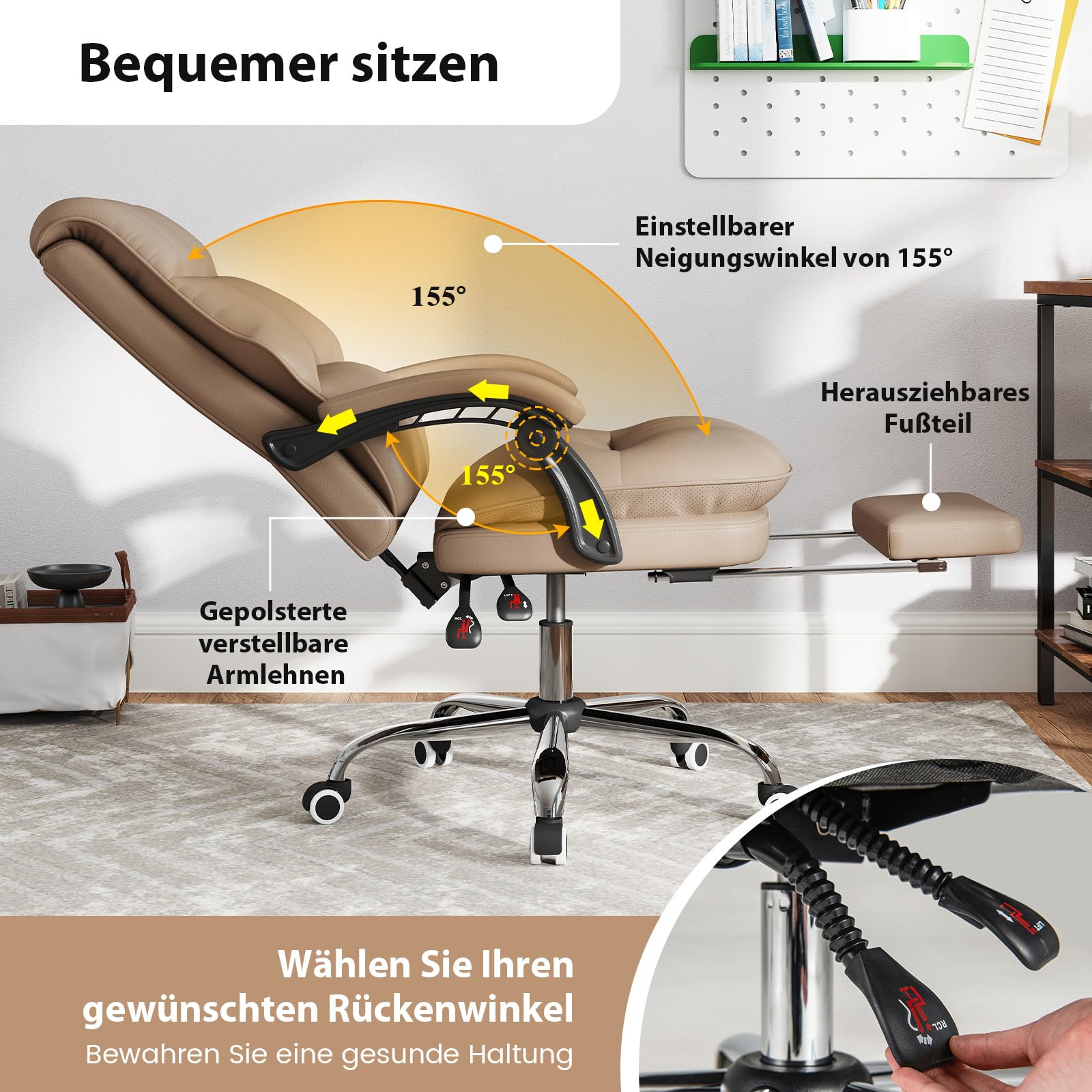 COSTWAY Ergonomischer Bürostuhl mit einziehbarer Fußstütze, Chefsessel mit Verstellbarer hoher Rückenlehne, weich gepolsterter Schreibtischstuhl aus Kunstleder, Computerstuhl, Kaffee