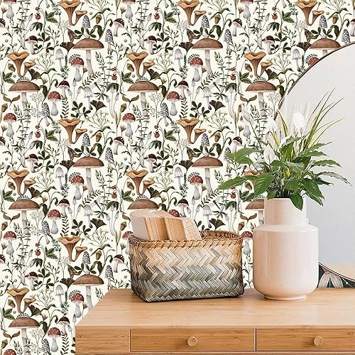 Miniatura 2 de Papel tapiz autoadhesivo con diseño de hongos bohemios, extraíble, papel de contacto para armarios de dormitorio, baño, decoración de pared, 17.7 x