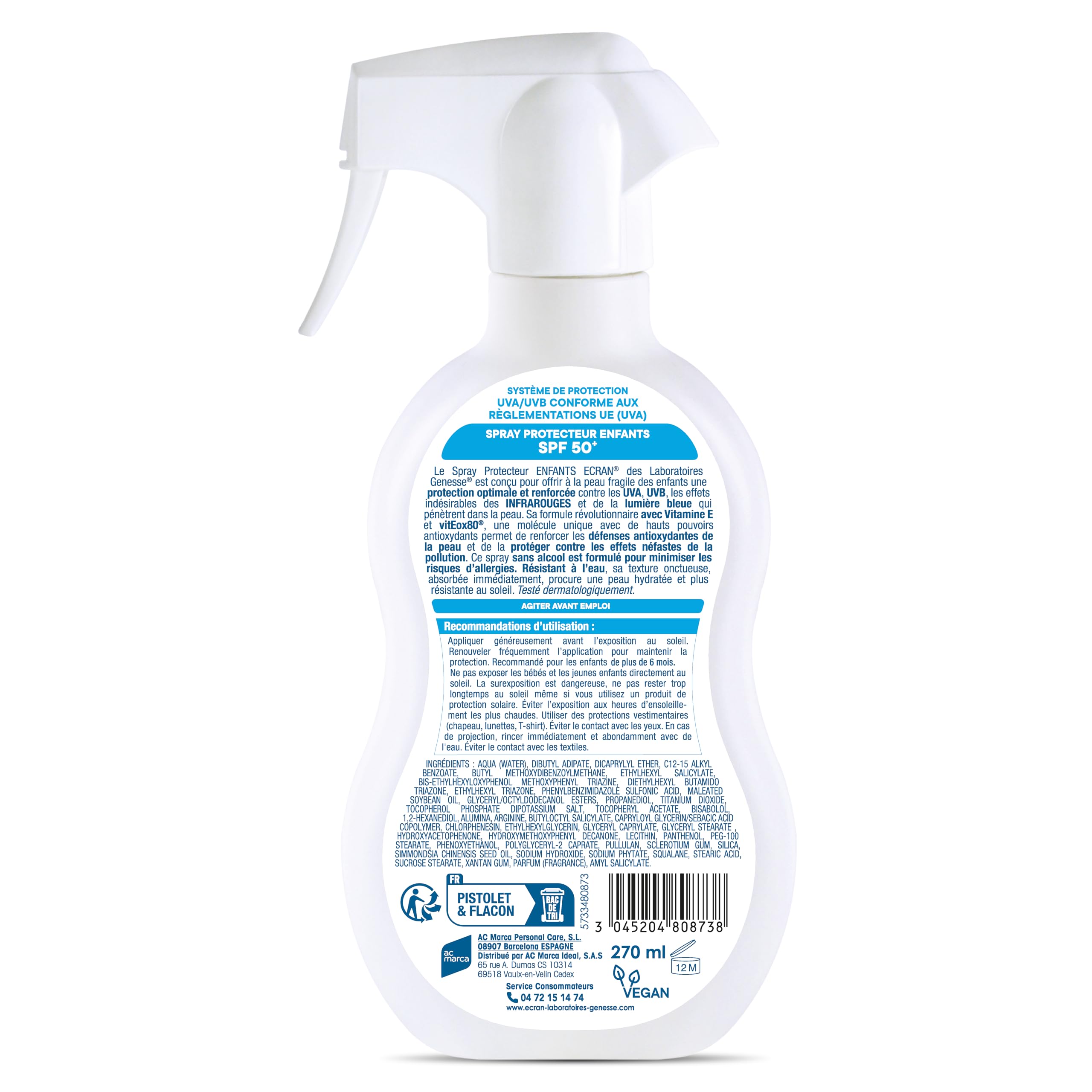 ECRAN® - Pistolet Protecteur Enfant - Très Haute Protection - Technologie vitEox80 - Vitamine E - Protection UVA, UVB, Lumière Bleue, Coups de Soleil - Protection Solaire SPF 50+ - Résistant à l'eau