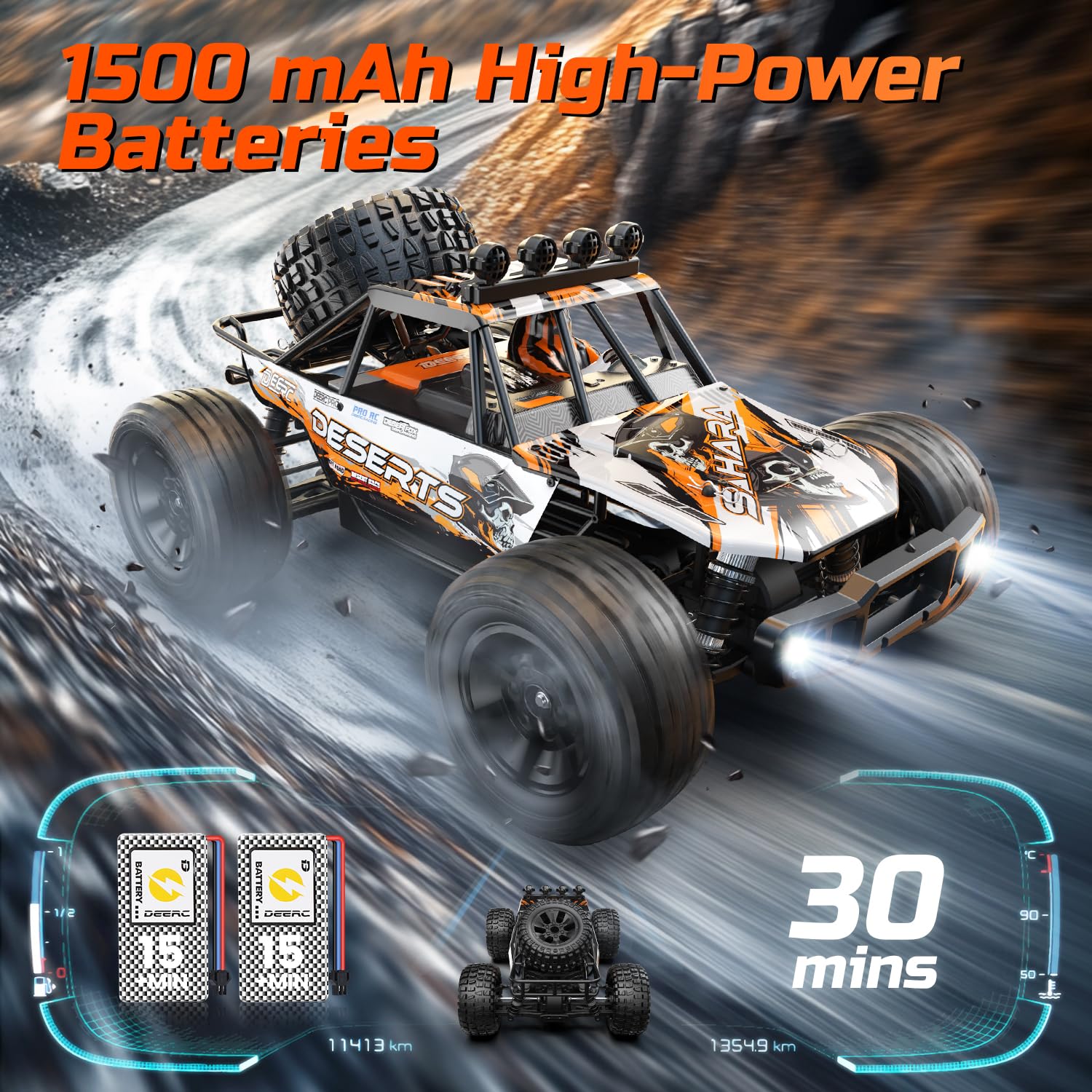 DEERC Coche de Control Remoto 1:10 para Adultos y niños, Velocidad de 48 km/h, Monster Truck RC 4x4 con Luces, Coche de Control Remoto Todoterreno de 2,4 GHz, Juguetes para 30 Minutos de diversión