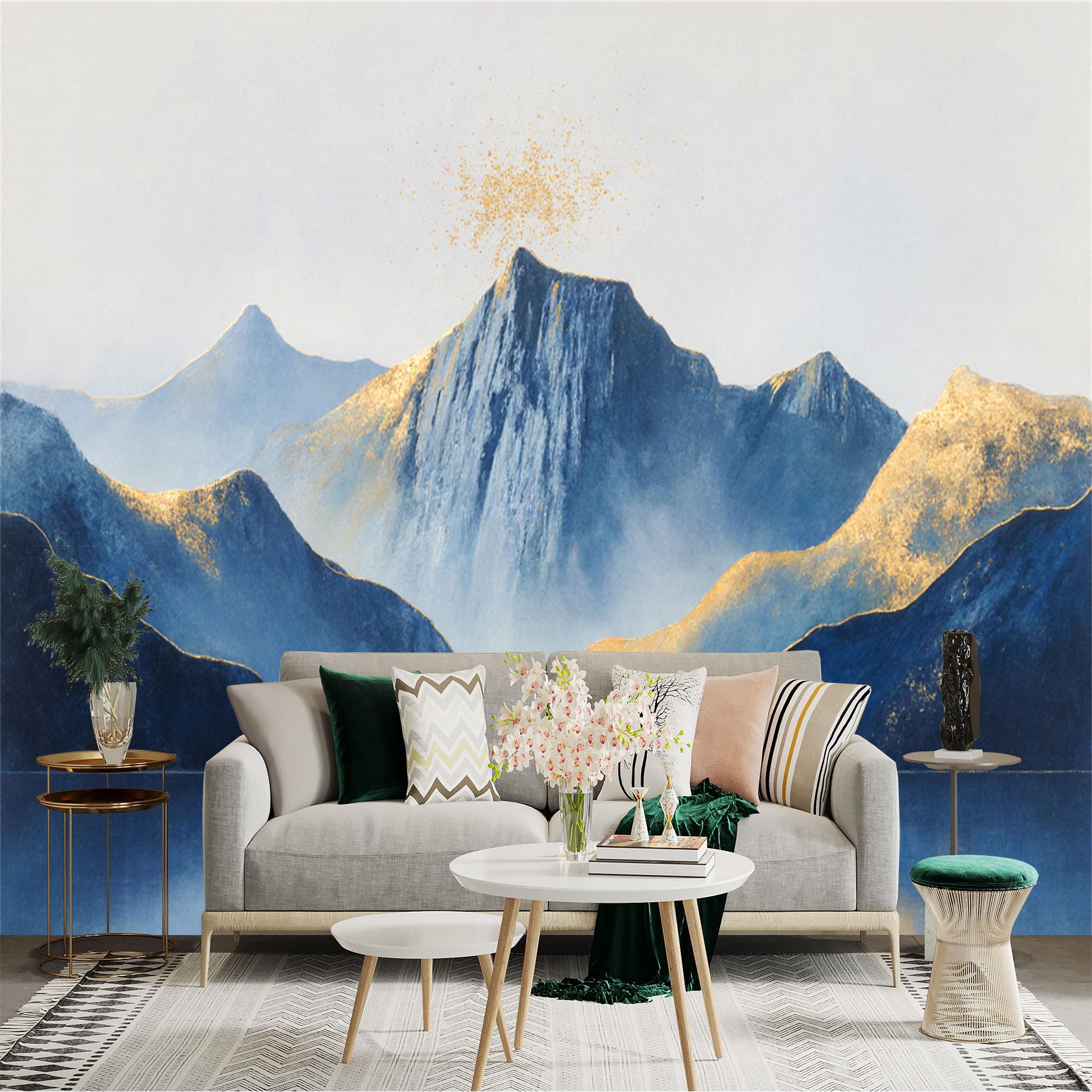 Custom Size Wall Sticker Mural， Blue Mountain Peaks with Gold Accents， Tranquil Lake Reflection， Abstract Landscape Art， for wall Decoration， peelandstick wall Decals.