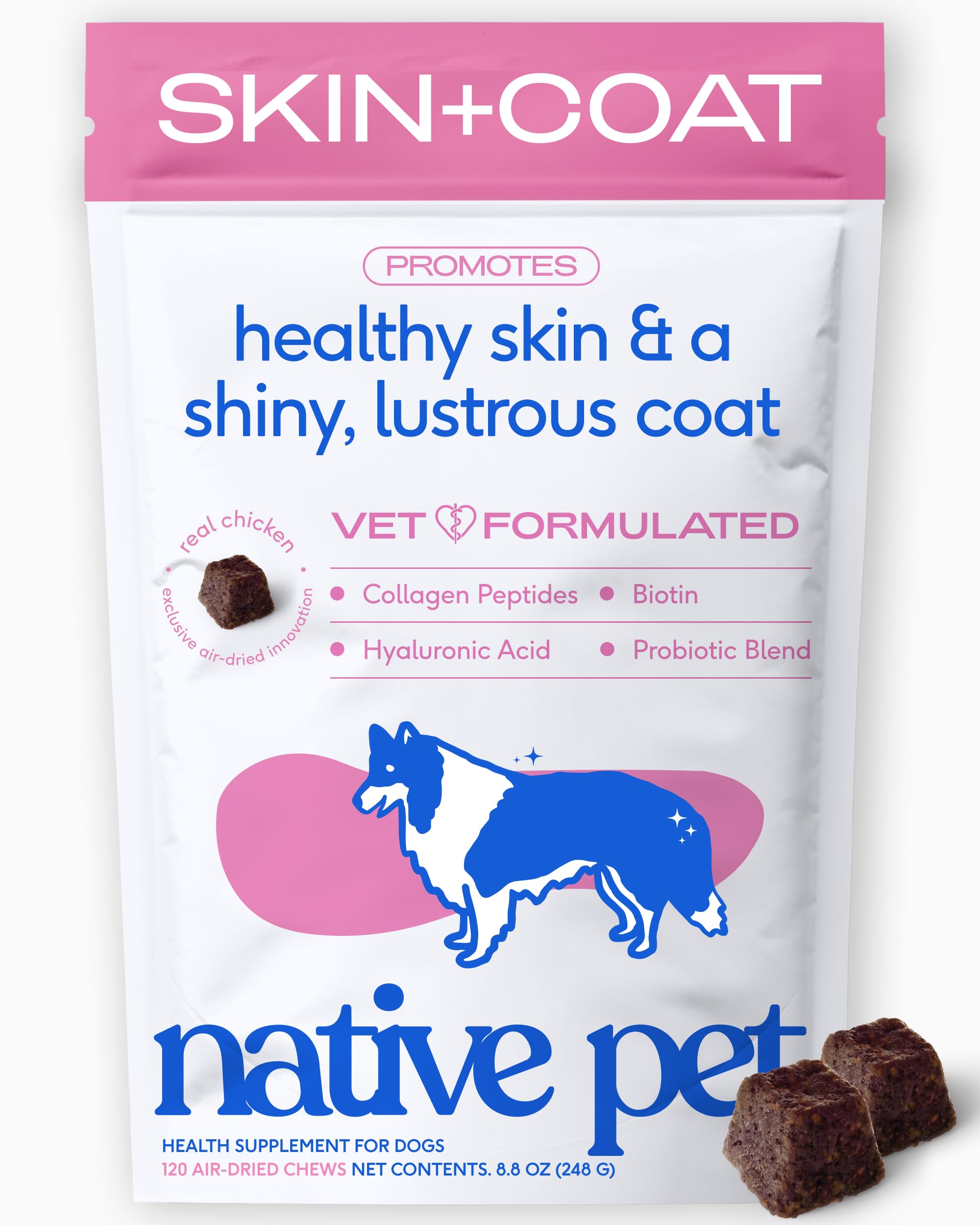 Native Pet Skin &amp; Coat Chews - Omega 3 Fish Oil for Dogs Skin &amp; Coat Supplement - Itch Relief, Shiny Fur &amp; Shedding Support - Collagen, Hyaluronic Acid, Biotin, Probiotics &amp; Salmon Oil - 120 Chews