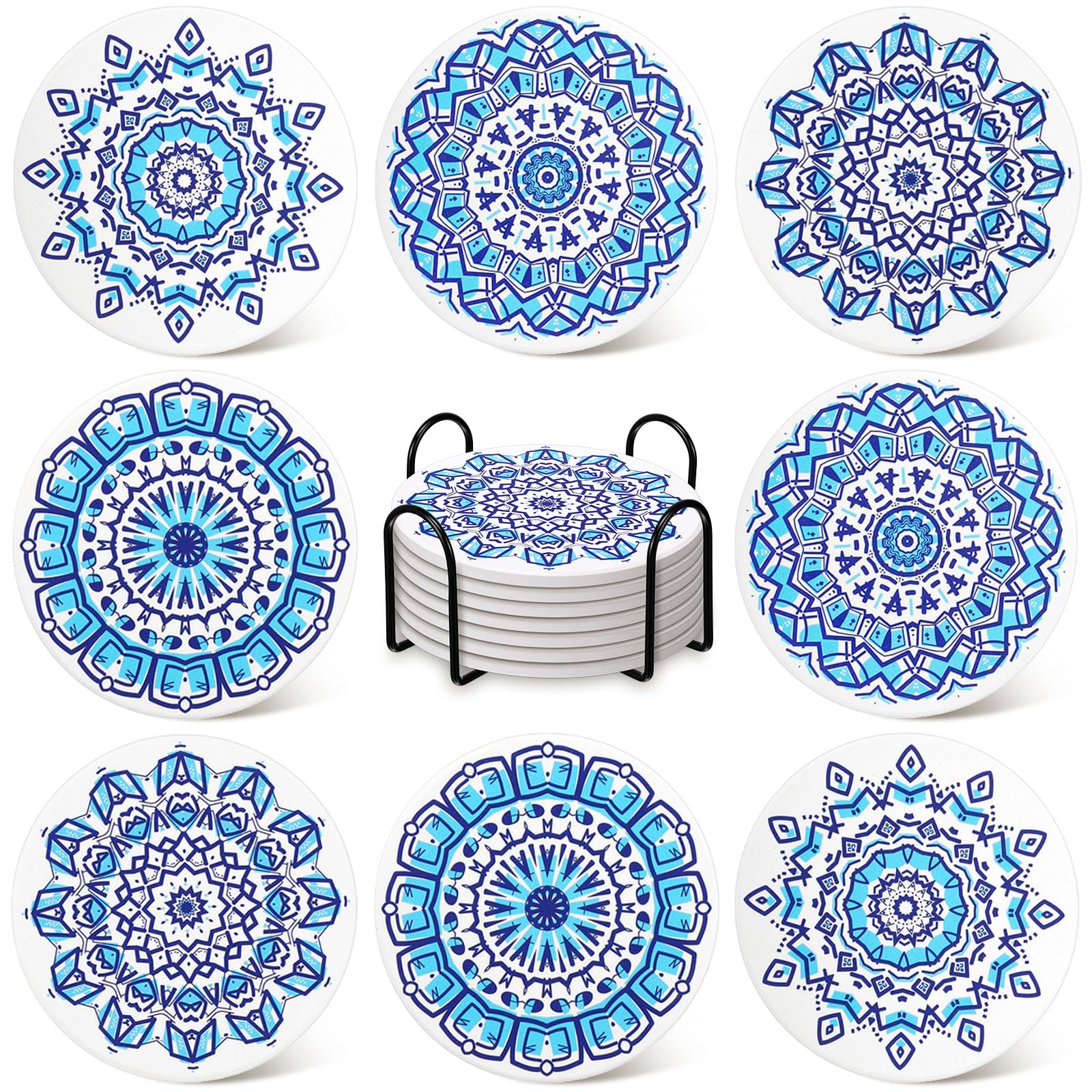 Funny Ceramic Absorbent Coaster Set of 8 Blue Mandala Round Drinks Coasters with Cork Base and Holder Stone Ceramic Tabletop Protection Mat for Mug Cups Housewarming Gift Office Kitchen