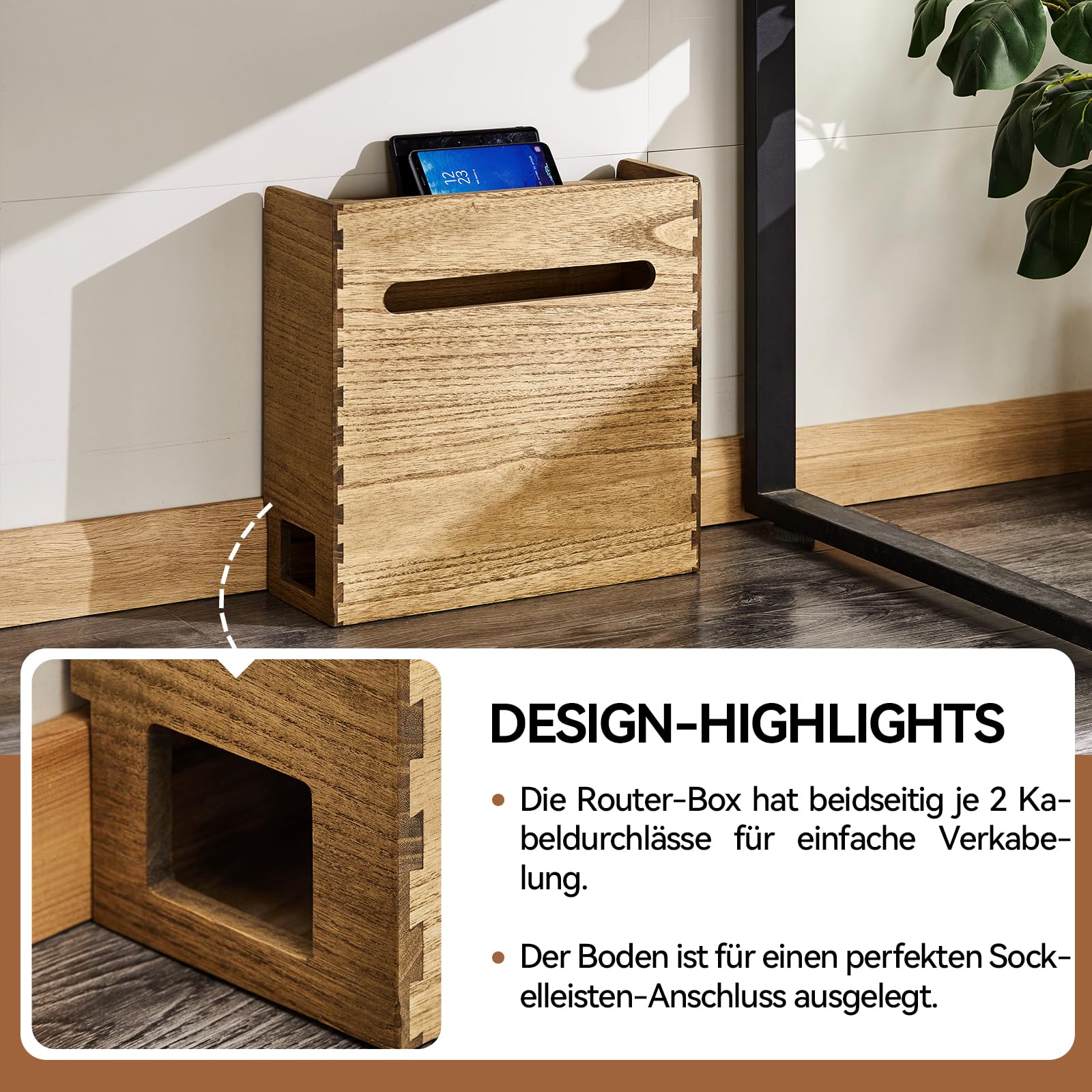 KIRIGEN Routerbox Holz, Kabelmanagement-Box, 3 Ebenen, Dunkelbraun | 41 x 14 x 40 cm, für WLAN-Router, Netzteil, Steckdosenleiste und Kabel, Paulownia-Massivholz, handgefertigt, fertig montiert