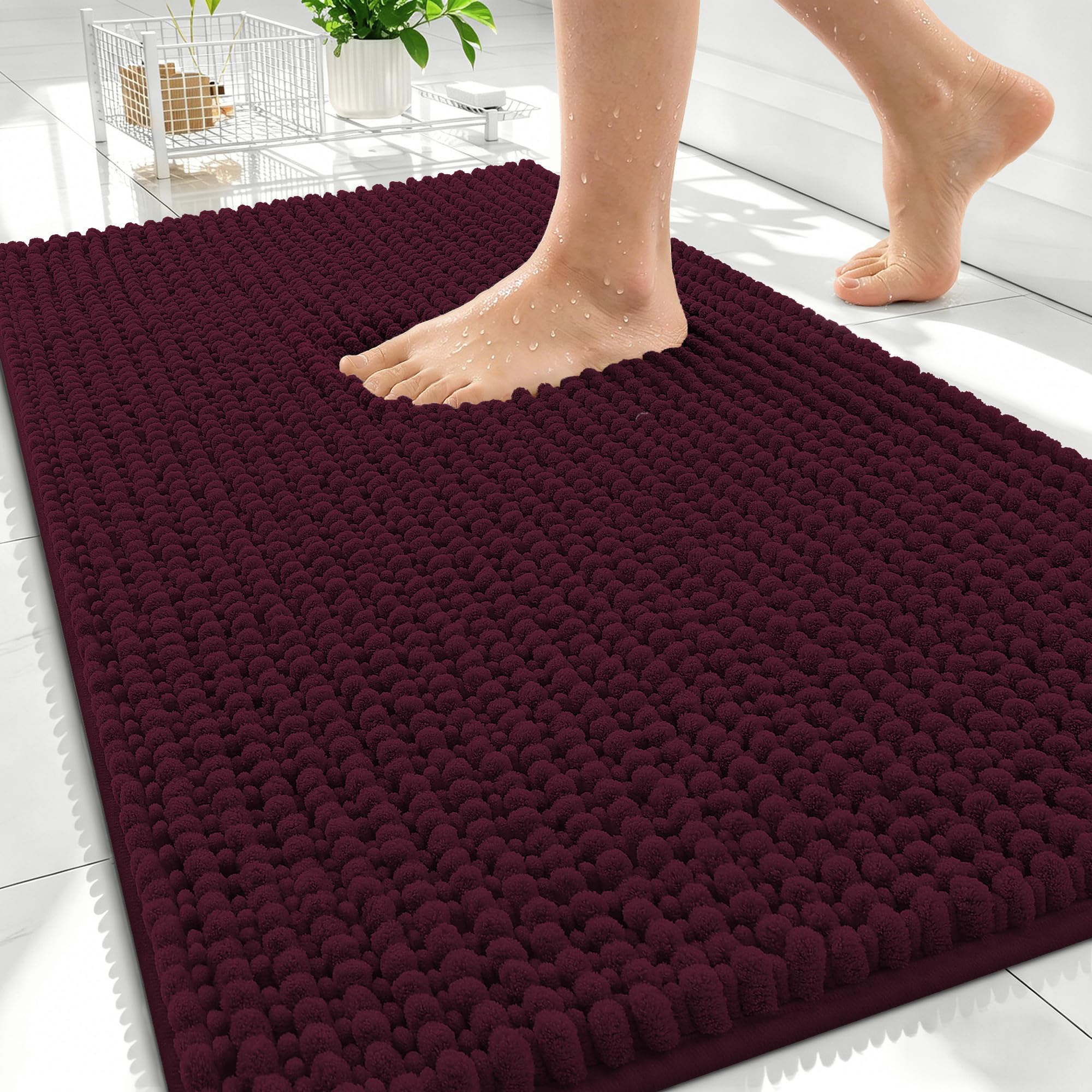 OLANLY Thick Chenille Absorbent Bathroom Rugs Mat 30x20, Black Cherry