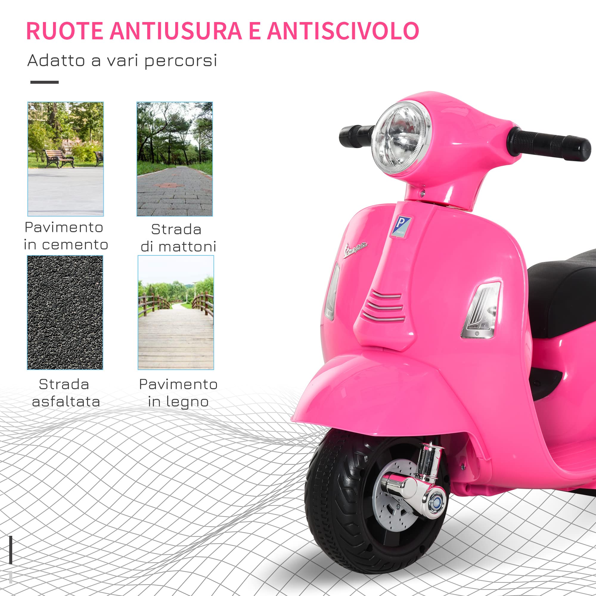 HOMCOM Moto Elettrica per Bambini con Licenza Ufficiale Vespa Batteria 6V, Fari e Clacson, per Bimbi da 18-36 mesi, Rosa, 66.5x38x52cm