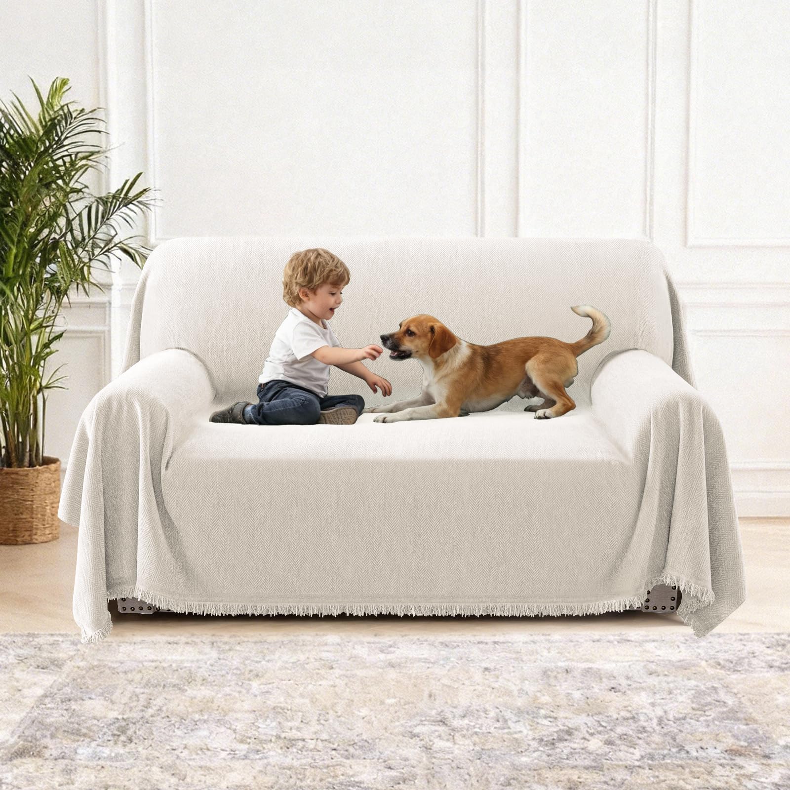 H.Versailtex Chenille Sofa Cover for 2 3 4 Seater, Waterproof Sofa Slipcover Sofa, Washable Couch Cover with Tassel, Soft Couch Covers for Dogs, Breathable, All-season Universal, 180 x 260 cm, Beige