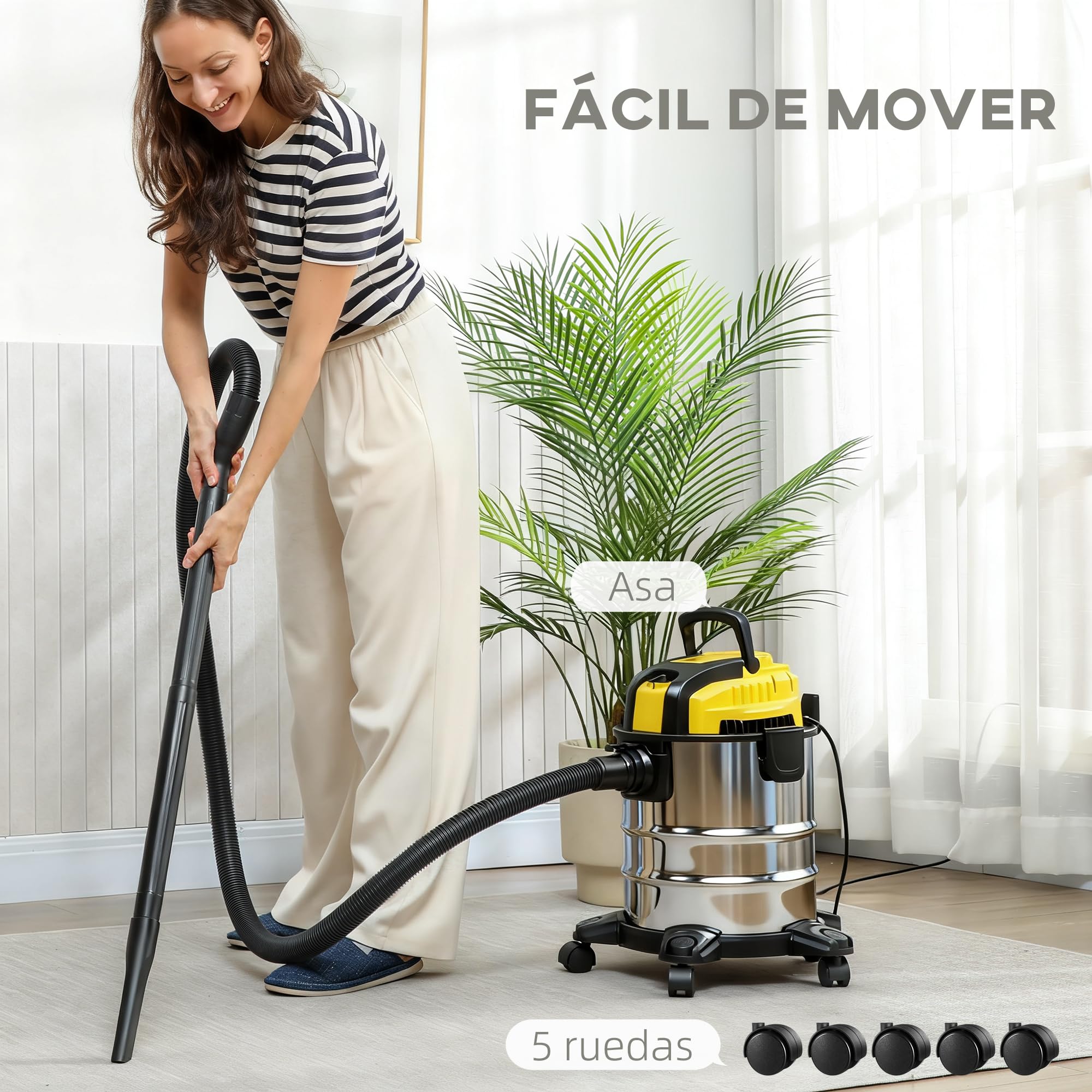 HOMCOM Aspirador en Seco y Húmedo 3 en 1, 1200W, Aspiradora con Función de Soplador, Manguera 2 m, Depósito Inoxidable 20L, Triple Filtro, Boquilla para Suelos y Ranuras, Amarillo