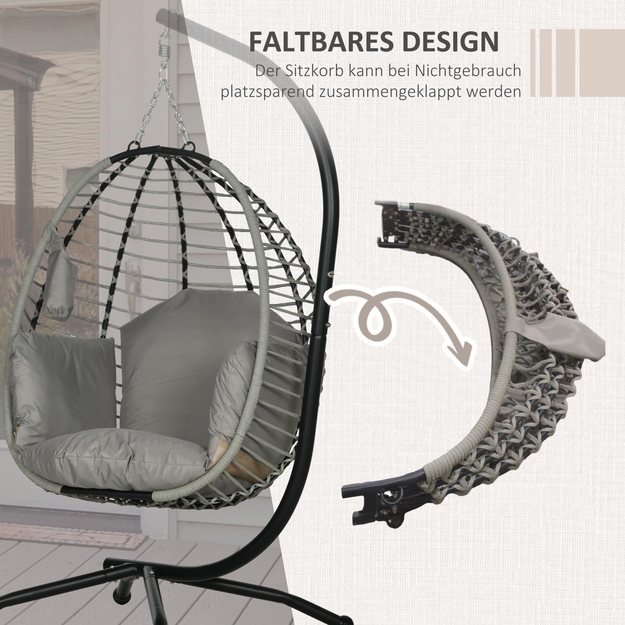 Outsunny Hängesessel mit Gestell Faltbar Waschbarer Sitz Becherhalter Grau | Eiförmiger Hängeschaukel, Sicherheitsseil, Hängematte Schaukelsessel, Indoor Outdoor, Terrasse, Garten