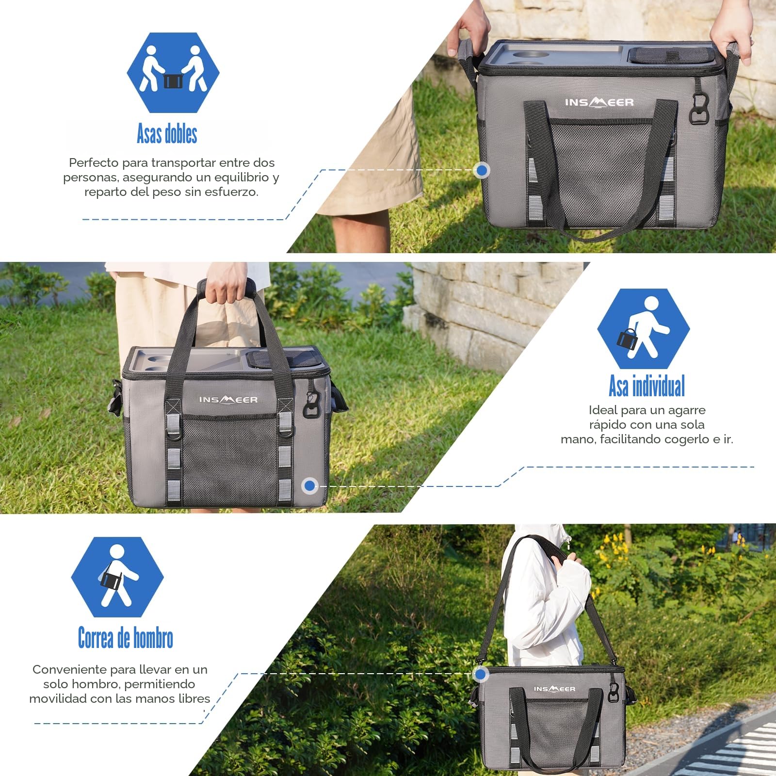 INSMEER Bolsa Nevera Grande 40L/60 Latas, Bolsa Nevera Plegable con Carcasa Rígida de PP Extraíble, Bolsa Térmica con Abridor/2 Portavasos en la Parte Superior Rígida, para Picnic, Camping, Playa