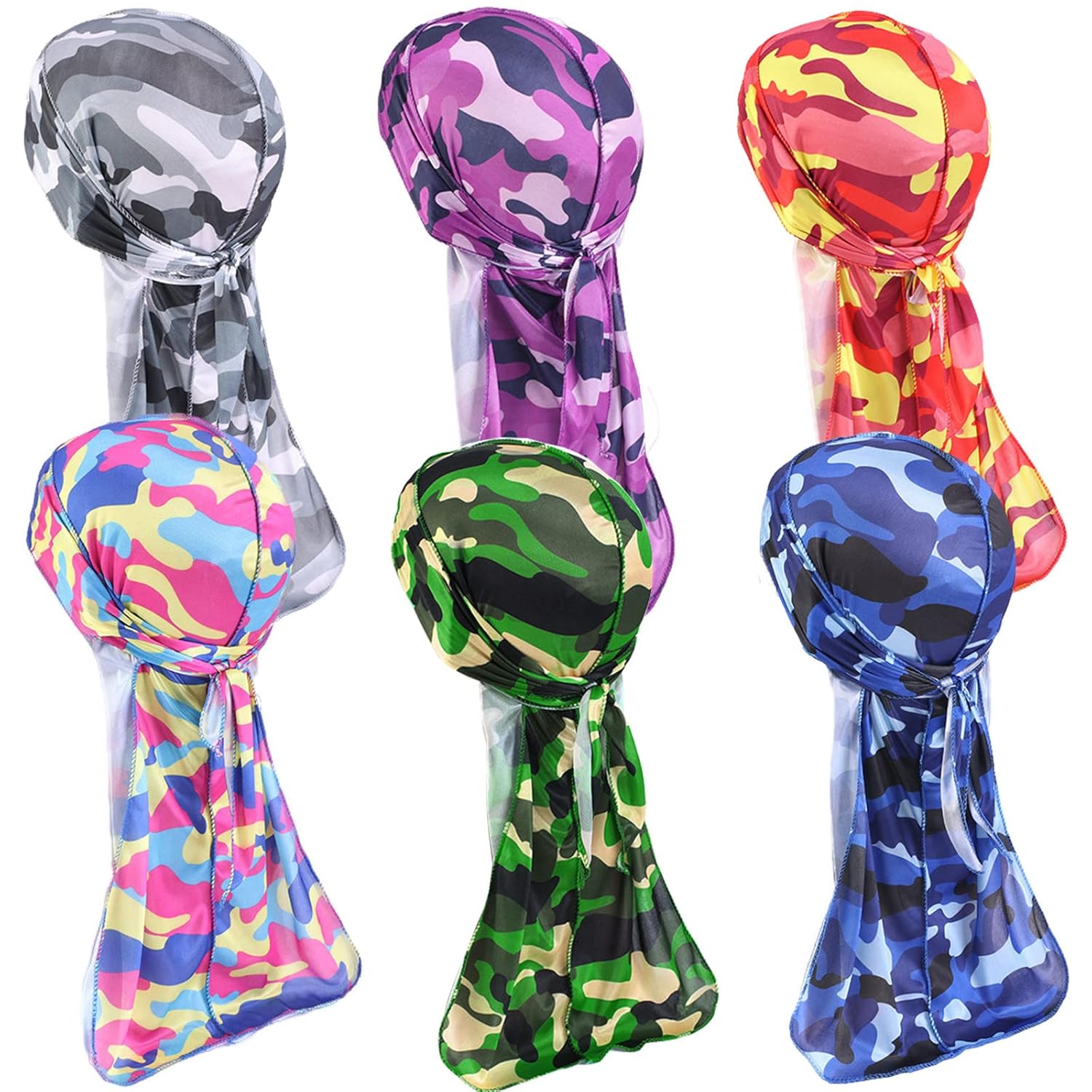 Qianmome Camo Silky Durag Long Tail Pirate Head Cover Hat Women Bandanas Do Doo Du Rag Turban