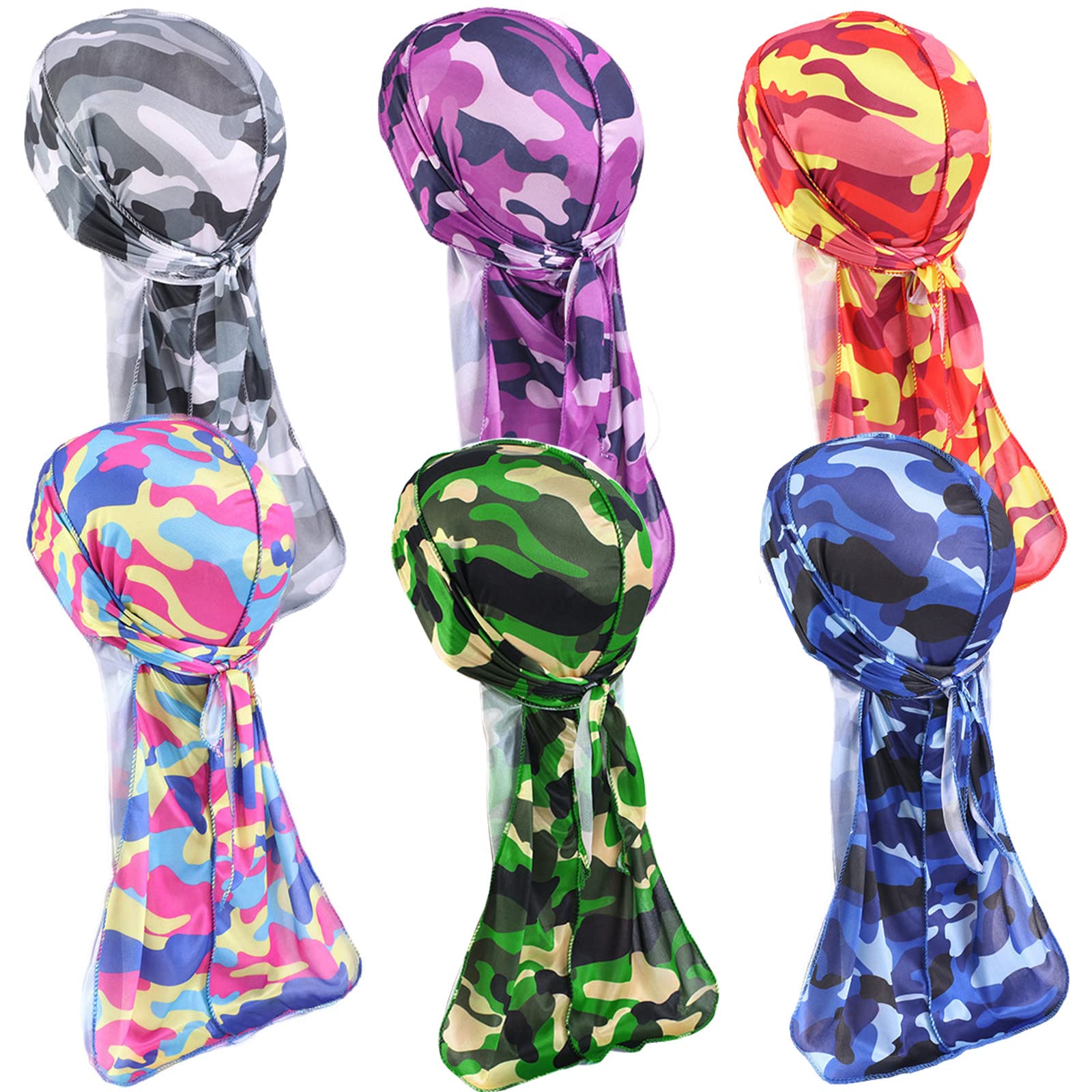 Qianmome Camo Silky Durag Long Tail Pirate Head Cover Hat Women Bandanas Do Doo Du Rag Turban
