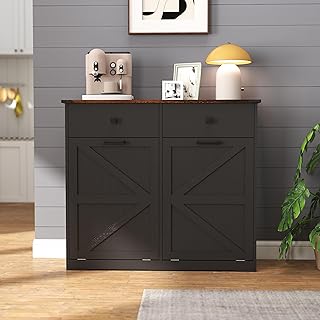 Ball & Cast Double Tilt Out Trash Cabinet for 20 Gallon Trash Cans, Farmhouse Barn Door Style with 2 Hideaway Drawers, Hidden Garbage & Recycling Center for Kitchen, Laundry Room (Antique Black)