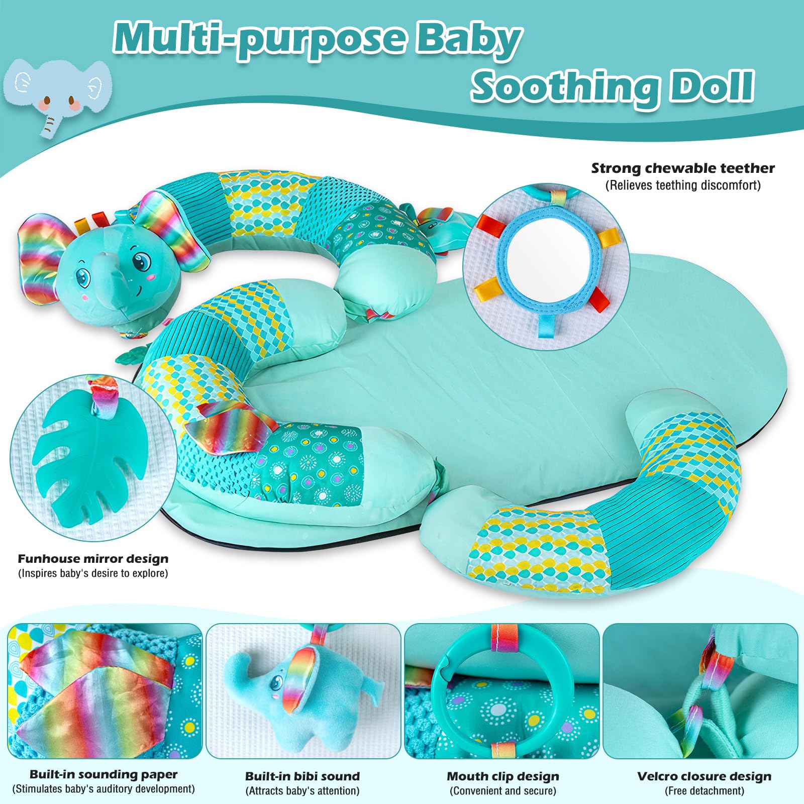 Weinsamkeit Baby Spielzeug 3 6 9 12 Monate, Tummy Time Toys, 3 in 1 Abnehmbares Elefant Spielkissen, Bauchlage Helfen Sitzen Stützen Babyspielzeug 0-12 Monate mit Rassel, Spiegel, Beißring