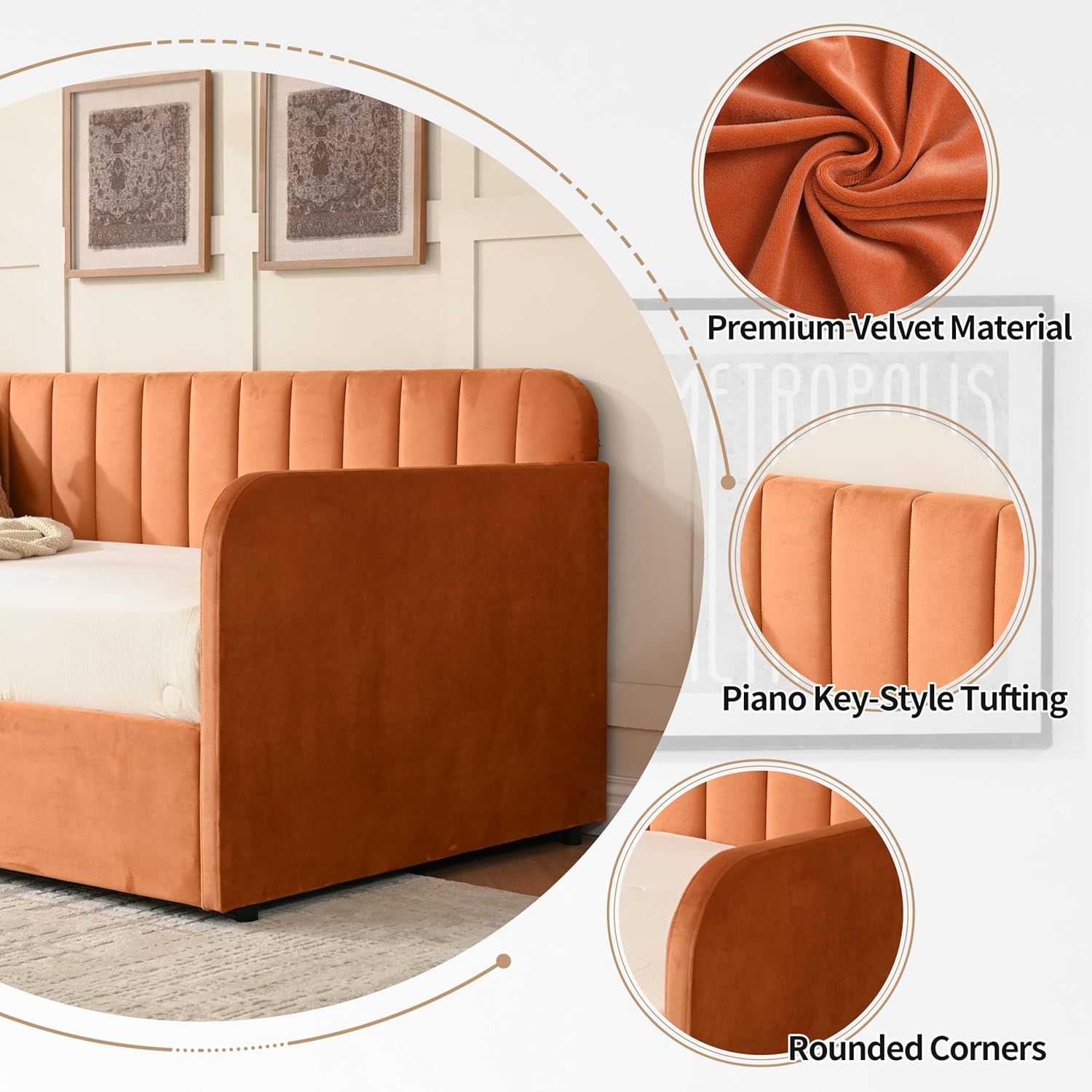 Twin Daybed with Storage, Velvet Upholstered Daybed with Vertical Channel Tufted Headboard, Solid Support, No Box Spring Needed, Easy Assembly, Orange