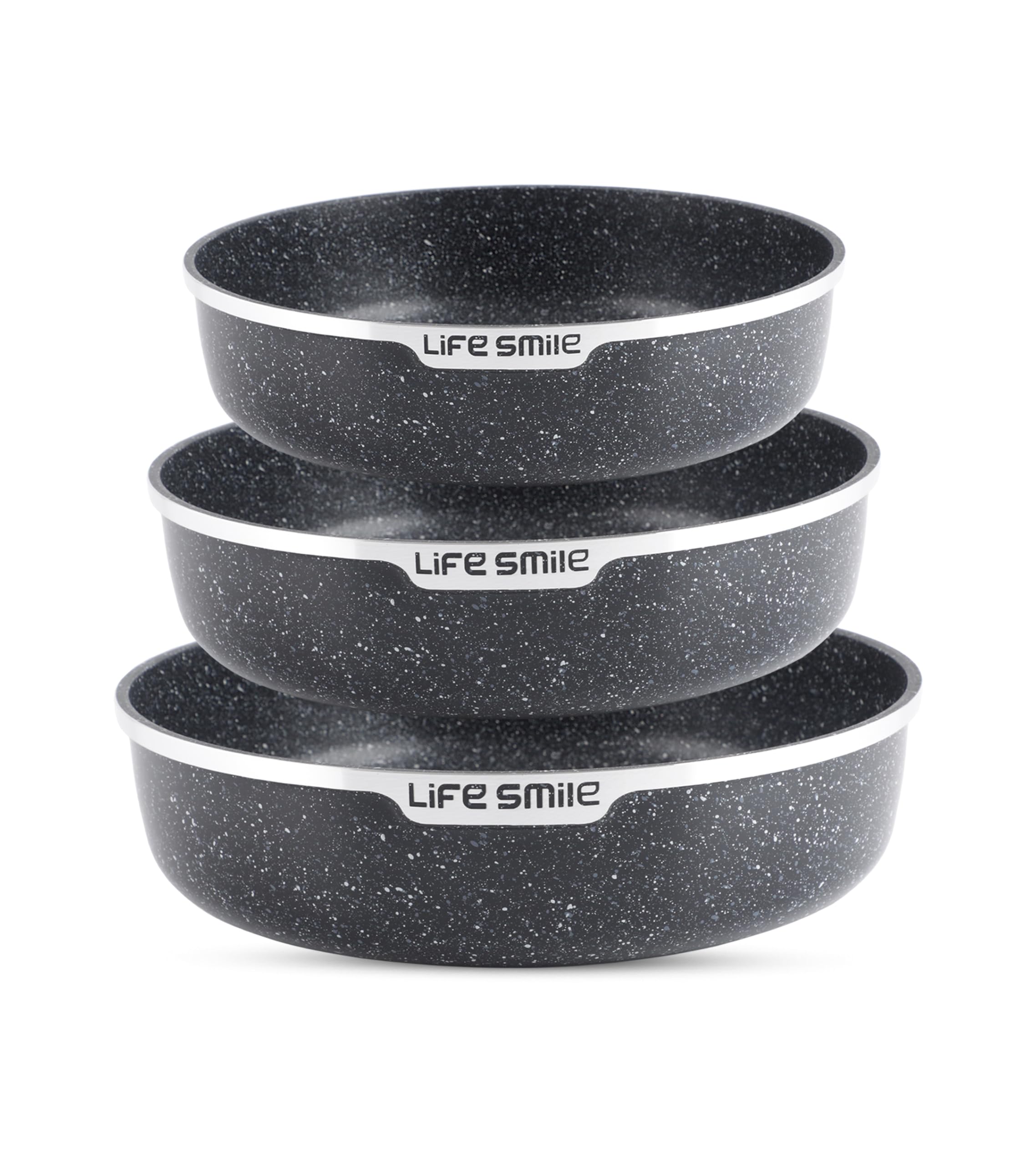 LIFE SMILE Oven Pan Set - Non Stick PFOA Free Multi Layer Granite Coating Oven Dishes - Die Cast Aluminum Body, Suitable For Baking or Cooking on Stove (Black, 28/32/36 CM)
