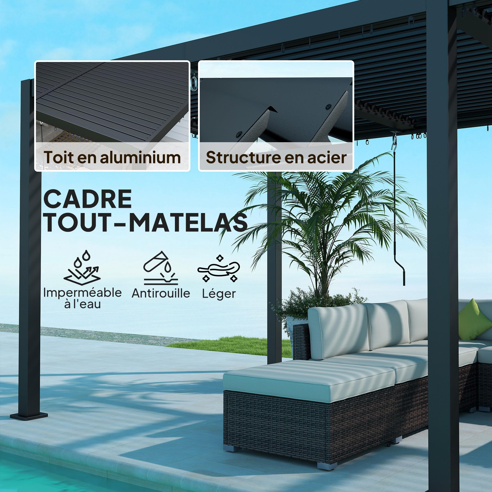 Outsunny Pergola bioclimatique 3 x 6 m, pergola Jardin extérieur avec persiennes manivelle Toit réglable en Aluminium et Crochets, tonnelle de Jardin, terrasse, Patio, Gris foncé